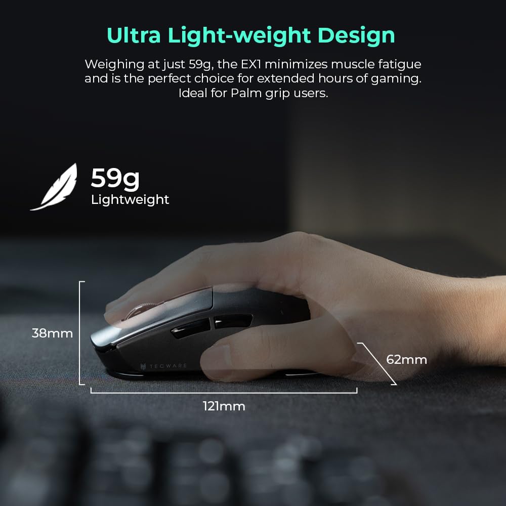 TECWARE EX1 Ultra Lightweight Wireless Gaming Mouse - 26K DPI, OLED Display, 59g Ergonomic Design, RGB Charging Dock, Tri-Mode Connectivity with PTFE Feet & Grip Tape - Perfect for FPS, MOBA & MMO Gaming (Black)