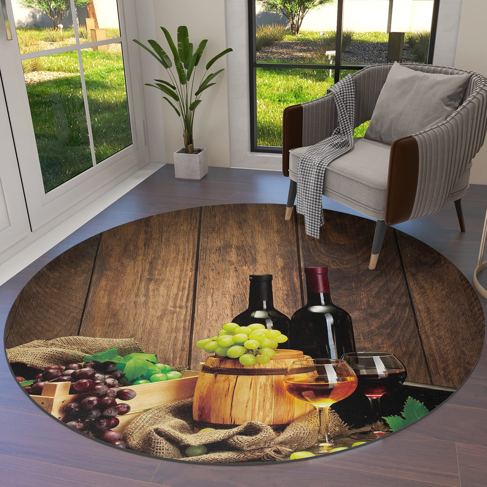 6ft Round Wine Bottle Area Rug - Soft Vintage Grape Design Non-Shedding Circle Carpet for Living Room, Bedroom, Nursery Decor | Machine Washable Floor Mat for Home Office, Kids Room & Cozy Reading Nook | Perfect for Wine Lovers, Home Decor & Gift Ideas
