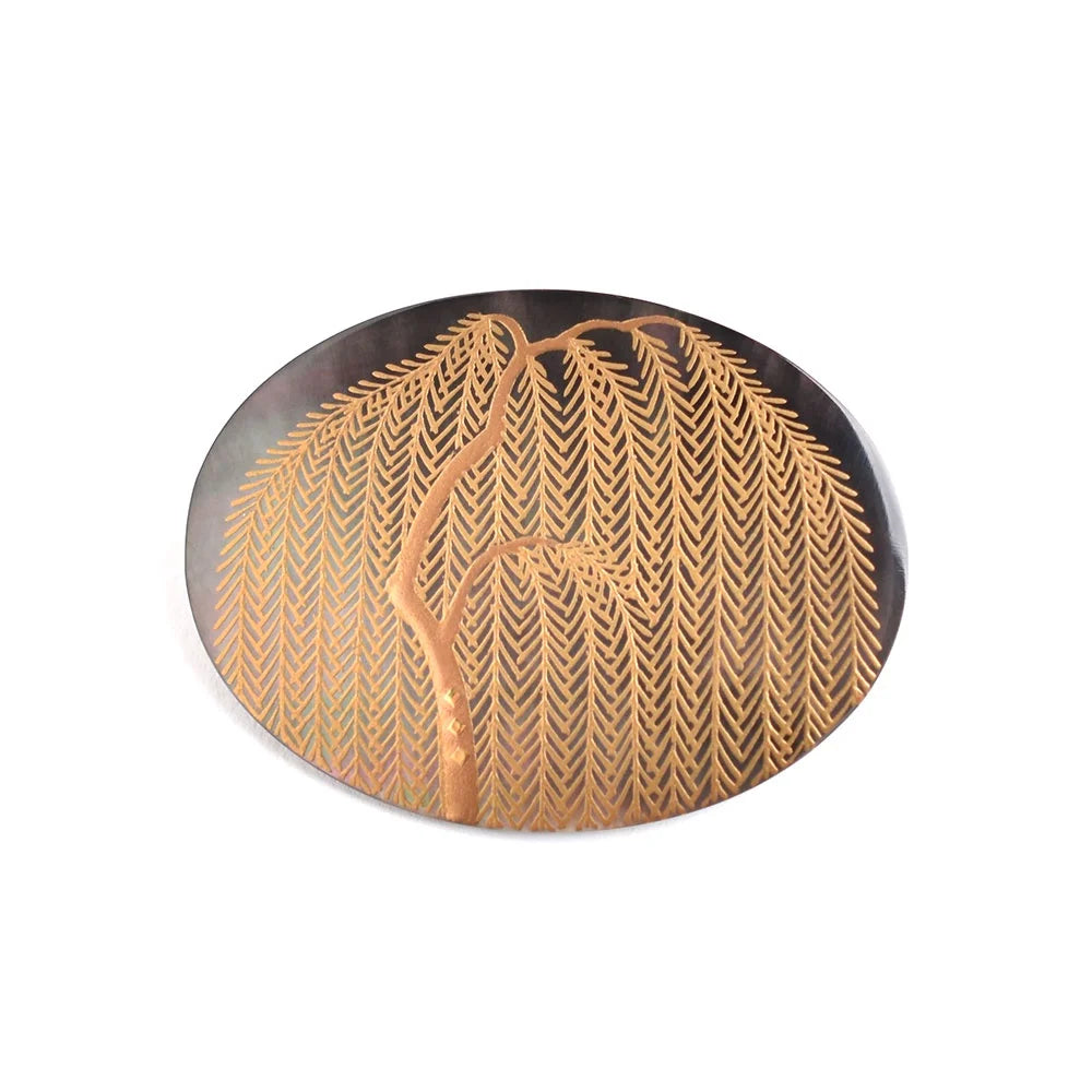 Handcrafted Japanese Maki-e Urushi Lacquer Brooch with Black Lip Oyster Pearl Shell & Willow Tree Design - Traditional Artisan Jewelry for Women, Gift for Special Occasions, Weddings & Formal Events