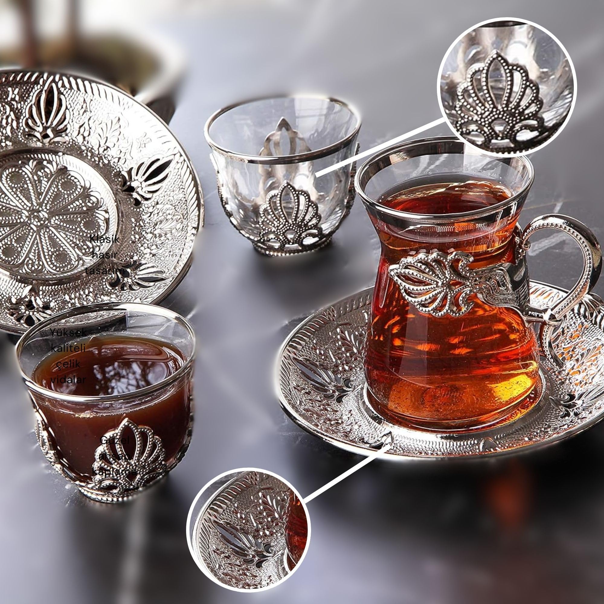 Vintage Handmade Turkish Tea Glasses Set of 6 with Saucers & Holder - Ottoman Style Mırra Cups for Serving Guests, Tea Time & Dinner - Elegant Gold Tableware for Housewarming Gifts & Special Events