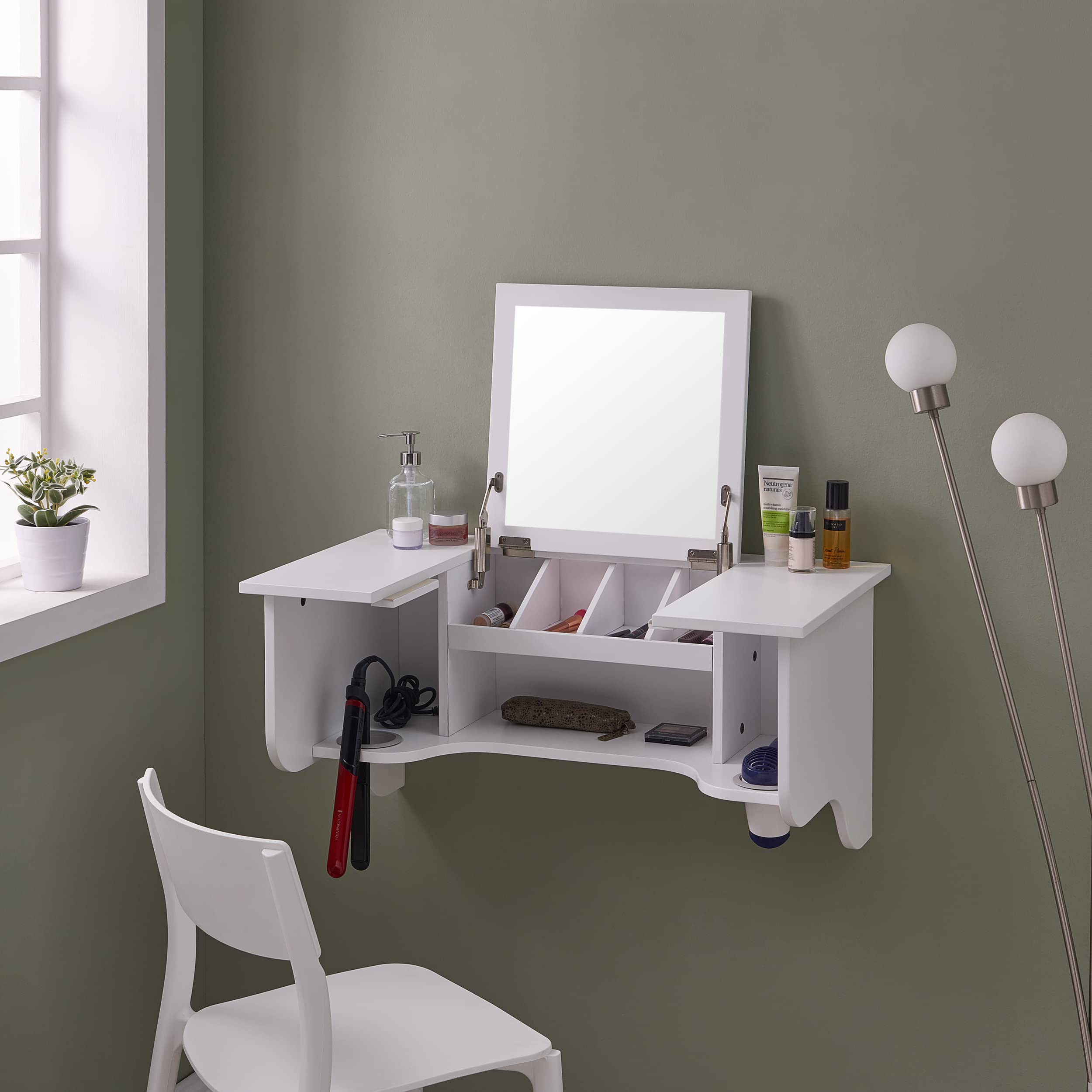 SEI Furniture White Wall Mount Ledge with Vanity Mirror - Transitional Style Shelf for Bathroom, Bedroom & Entryway Decor