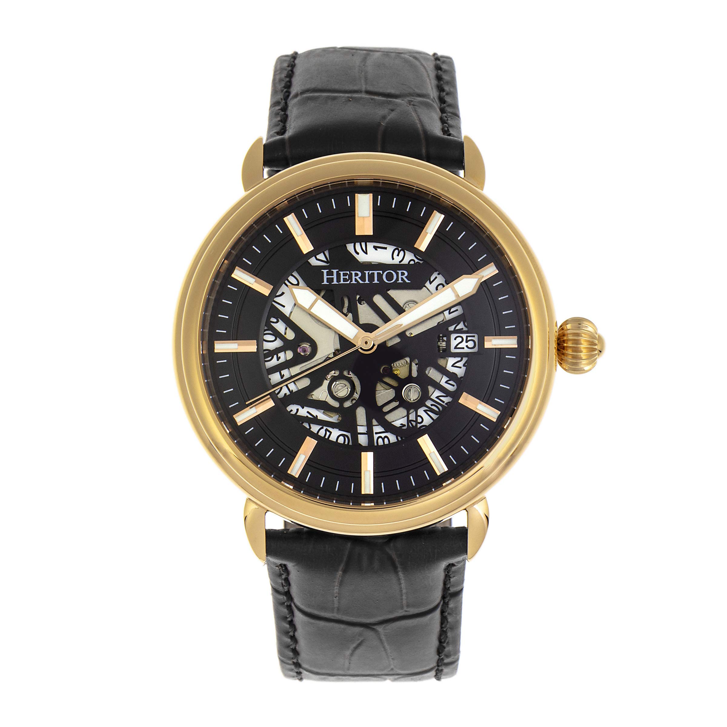 HERITOR Mattias Automatic Men's Watch - Semi-Skeleton Dial, Genuine Leather Band, Date Display (HR8400) - Perfect for Business, Formal Events & Everyday Wear