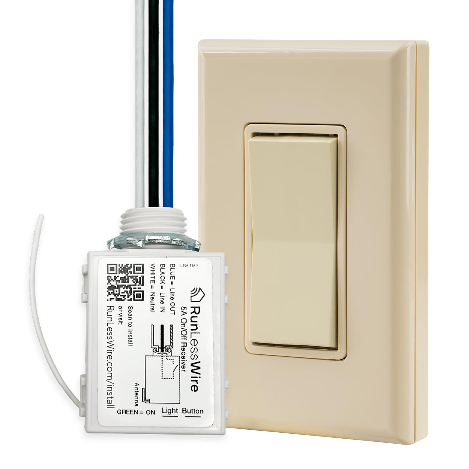 RunLessWire Single Pole Remote Light Switch Kit - Wireless, Battery-Free, Self-Powered Kinetic DIY Wall Switch with 150ft RF Range - Includes 1 On/Off Receiver & 1 Switch in Light Almond - Perfect for Bedrooms, Living Rooms & Smart Home Automation