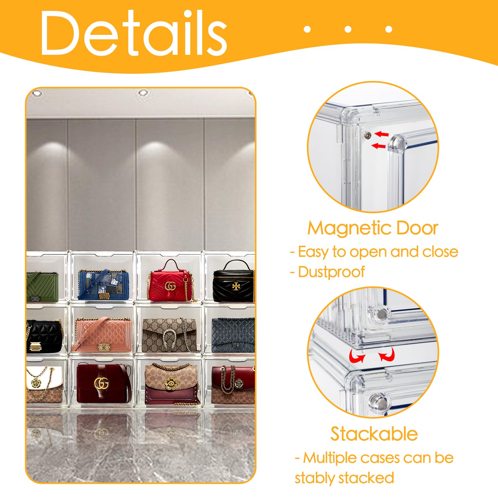 9-Pack Clear Acrylic Purse Organizer with Magnetic Door - Stackable Handbag Storage Box with Dustproof Lid for Closet, Books, Toys, Shoes & Cosmetics | Perfect for Displaying Collectibles & Organizing Small Items in Bedroom, Office or Retail Store