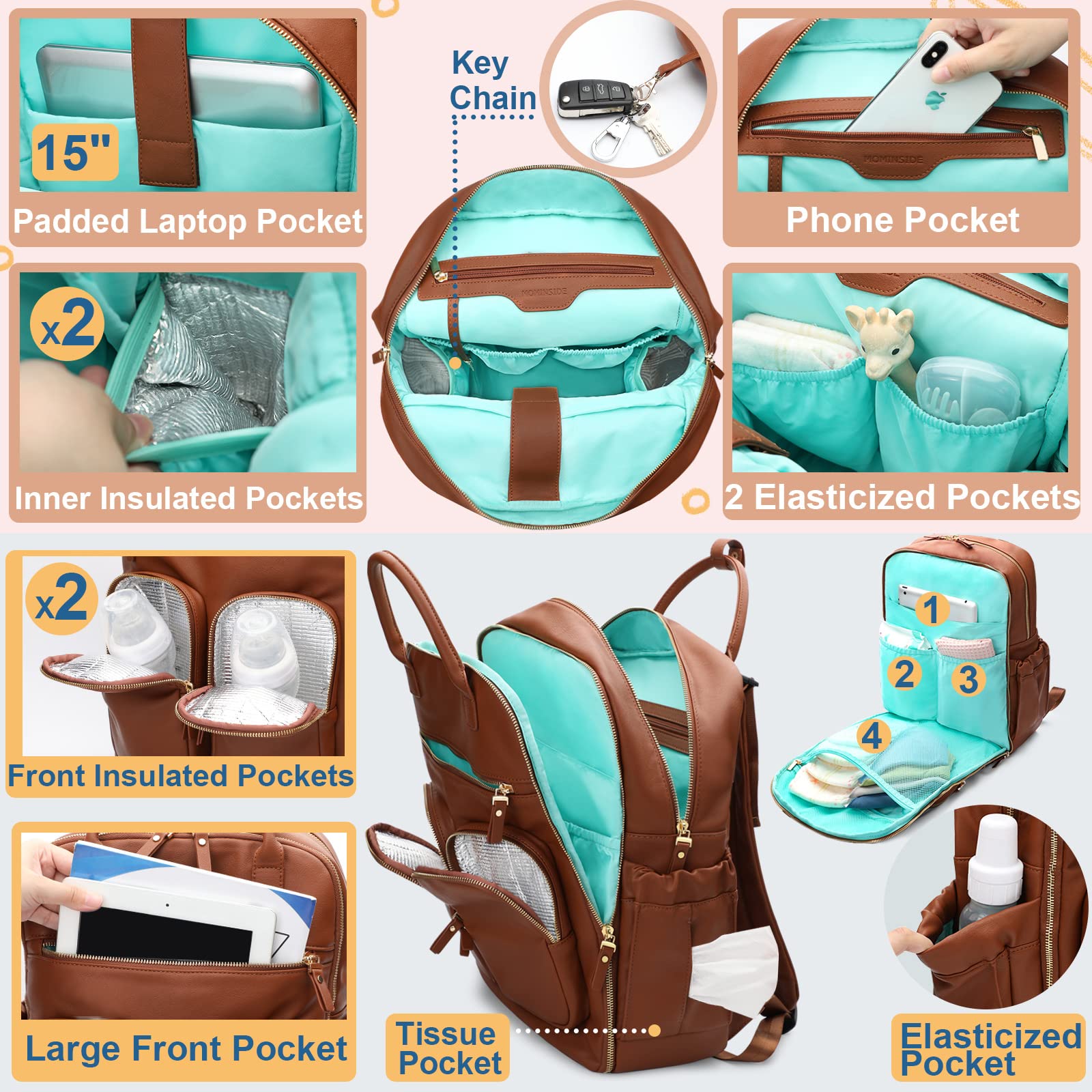 Premium Leather Diaper Backpack for Moms & Dads - 18 Pockets, 4 Insulated Compartments, Changing Station & Stroller Straps (Brown-Grey) - Perfect Baby Travel Bag for Boys & Girls, Ideal for Daycare, Family Outings & Airplane Travel