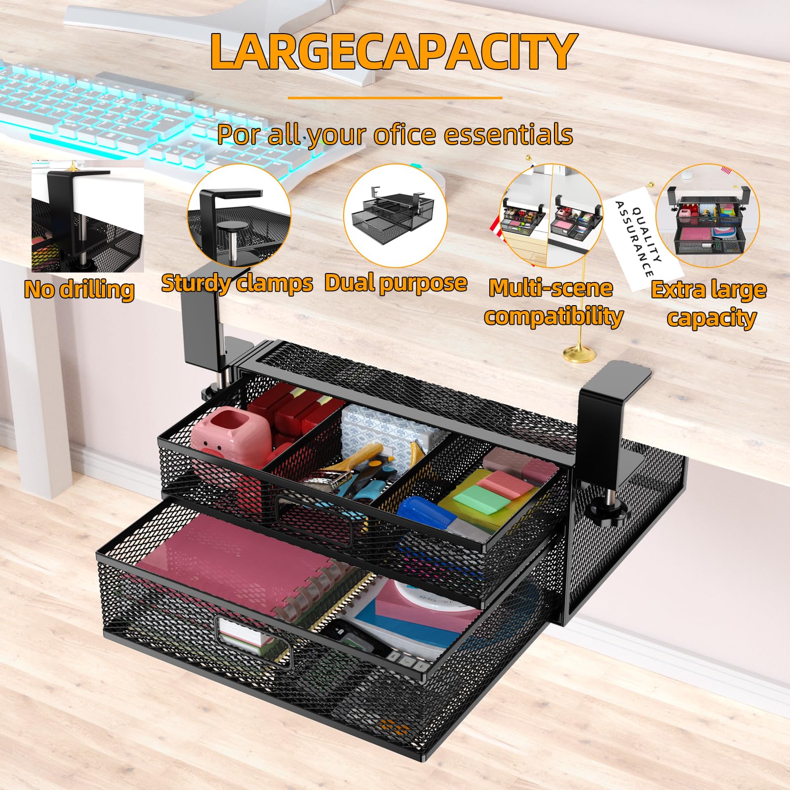 No Drill Under Desk Drawer Organizer - 13 Inch Metal Storage Drawer for Home & Office - Perfect for Organizing Files, Supplies & Accessories Under Your Desk