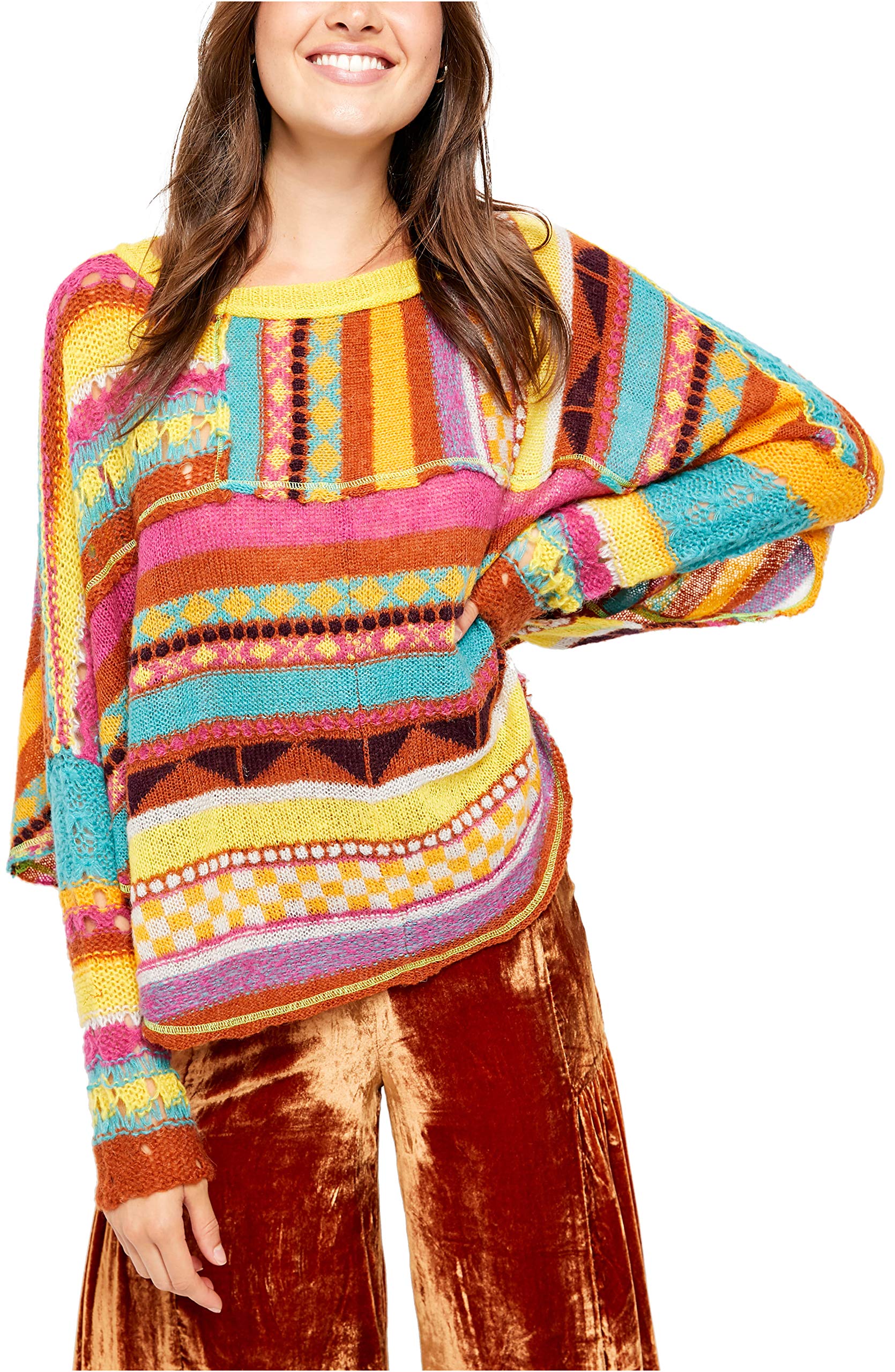 Free People December Skies Poncho Sweater - Multicolored Boho Chic Knit Top - XS - Perfect for Fall Layering & Cozy Winter Outfits