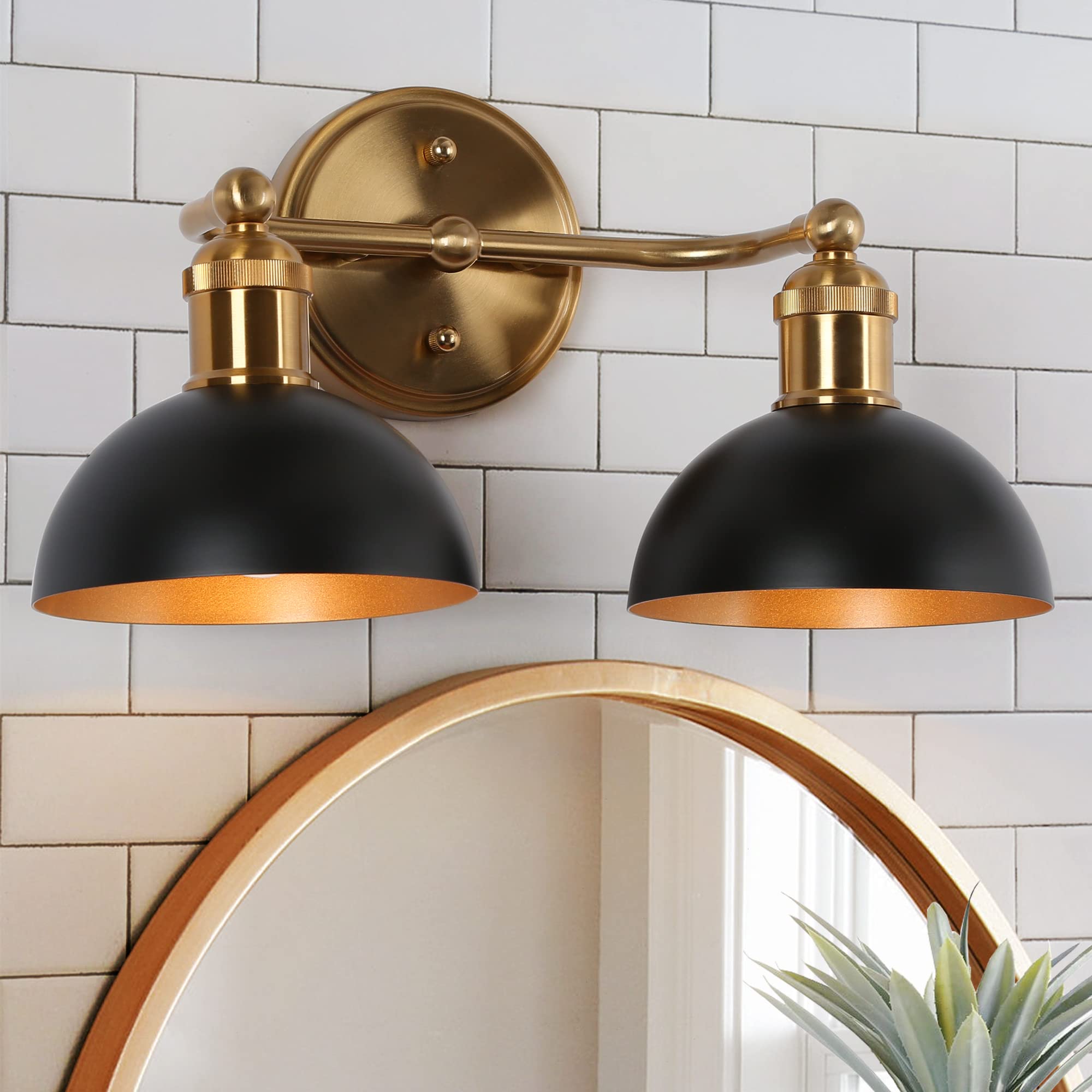 Modern Farmhouse Bathroom Light Fixtures - Black & Brushed Gold Vanity Lights Over Mirror, 2-Light Bathroom Lighting with Black Metal Shade (14.5