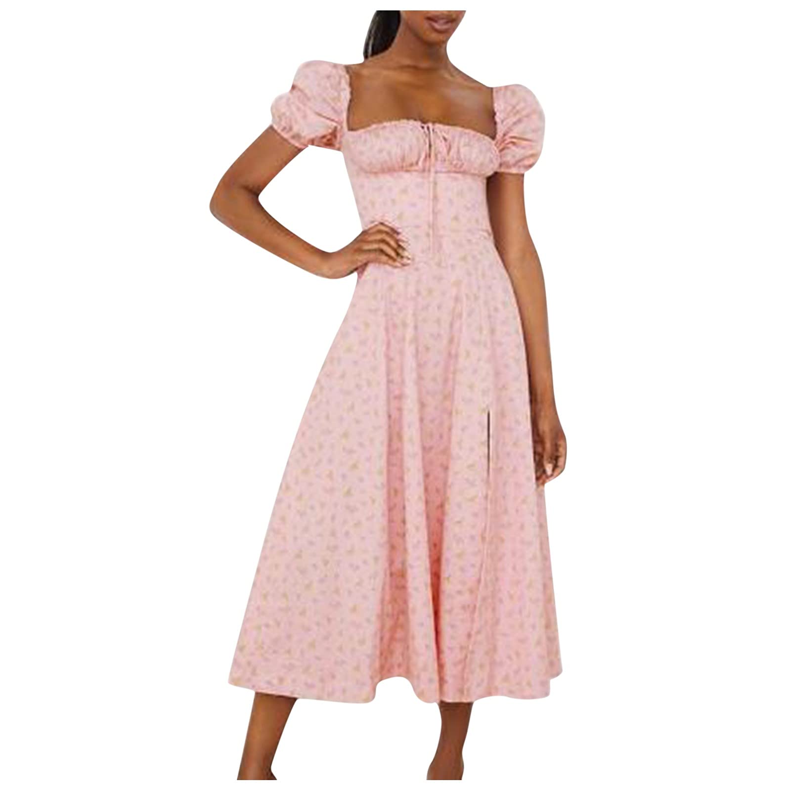 Women's Boho Floral Maxi Dress - Cottagecore Vintage Square Neck Wrap Dress for Spring & Summer | Casual Pink Long Dress for Beach, Picnic & Date Night