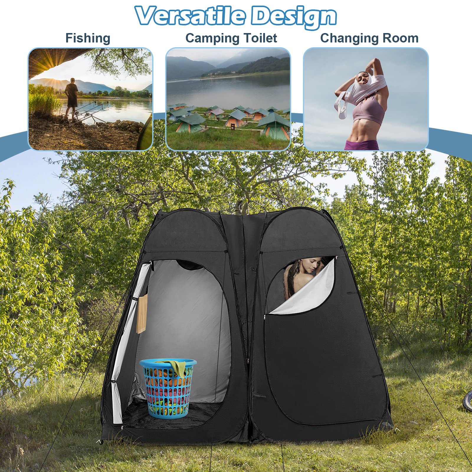 Goplus 7.5FT Pop Up Shower Tent - Portable 2 Room Privacy Changing Tent with Window, Hanging Clothesline & Carry Bag for Camping, Beach, Outdoor Shower, Festival and Travel - Includes Ground Stakes & Wind Ropes