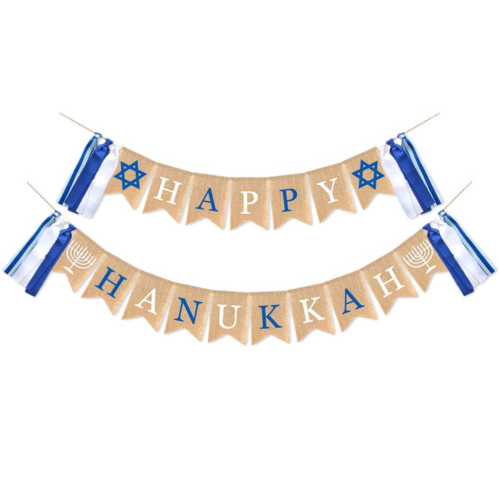 BESTOYARD Creative Happy Hanukkah Banner - Tassel Linen Swallowtail Pull Flag for Hanukkah Decorations, Christmas Party Supplies, Home & Office Celebrations