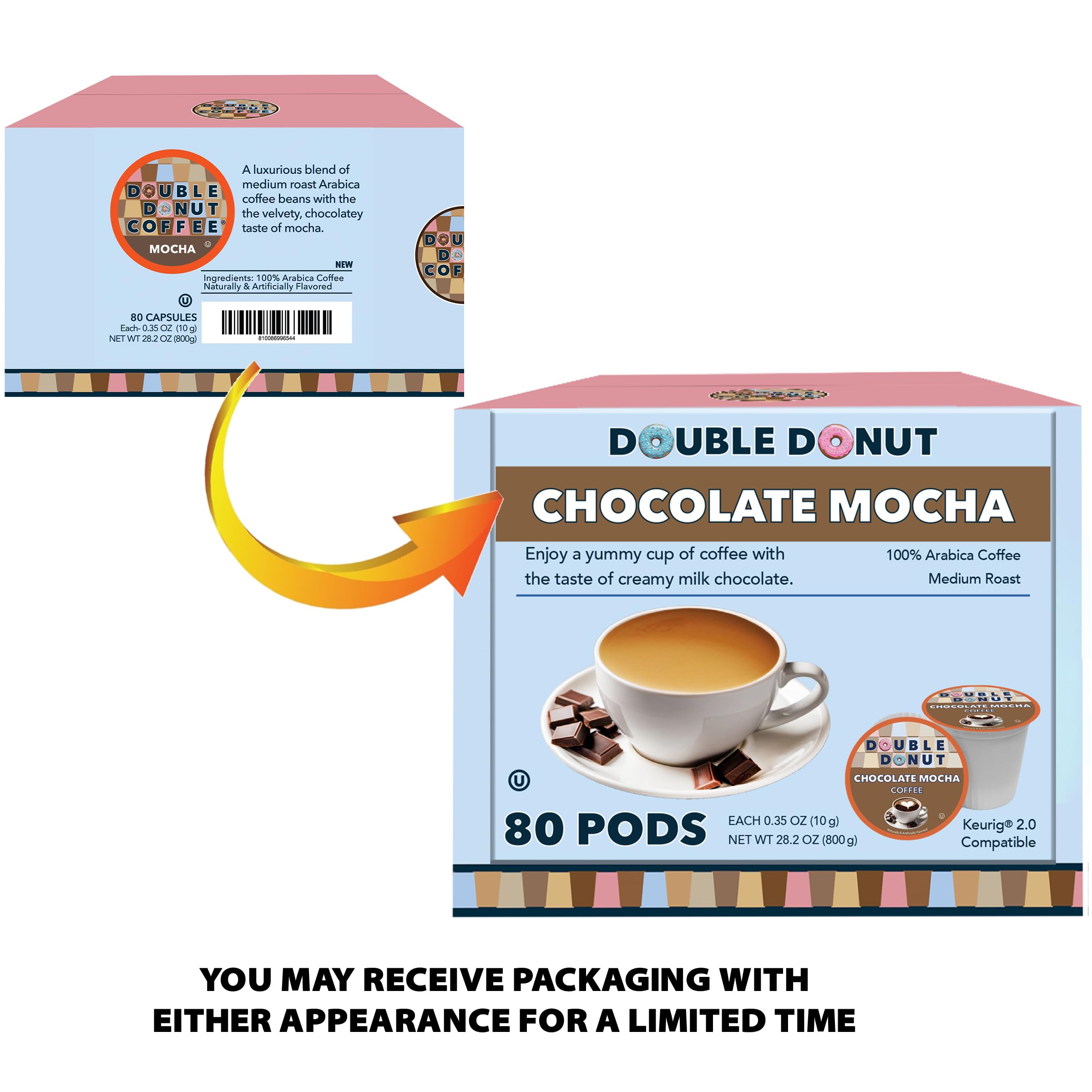 Double Donut Flavored Coffee Pods - Chocolate Mocha Medium Roast K-Cups for Keurig Brewers (80 Count) | Perfect for Breakfast, Office & Home Brewing