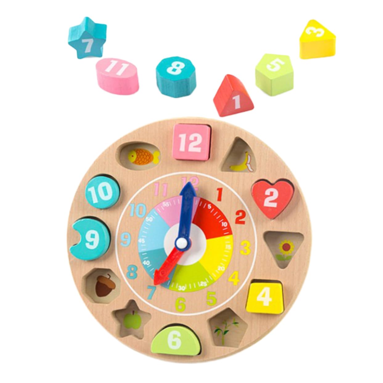 TOYANDONA Wooden Clock Puzzle - Educational Math Toy for Kids, Montessori Learning Clock with Colorful Shapes, Bamboo Combo Plate - Perfect for Toddlers & Preschool Classroom Activities
