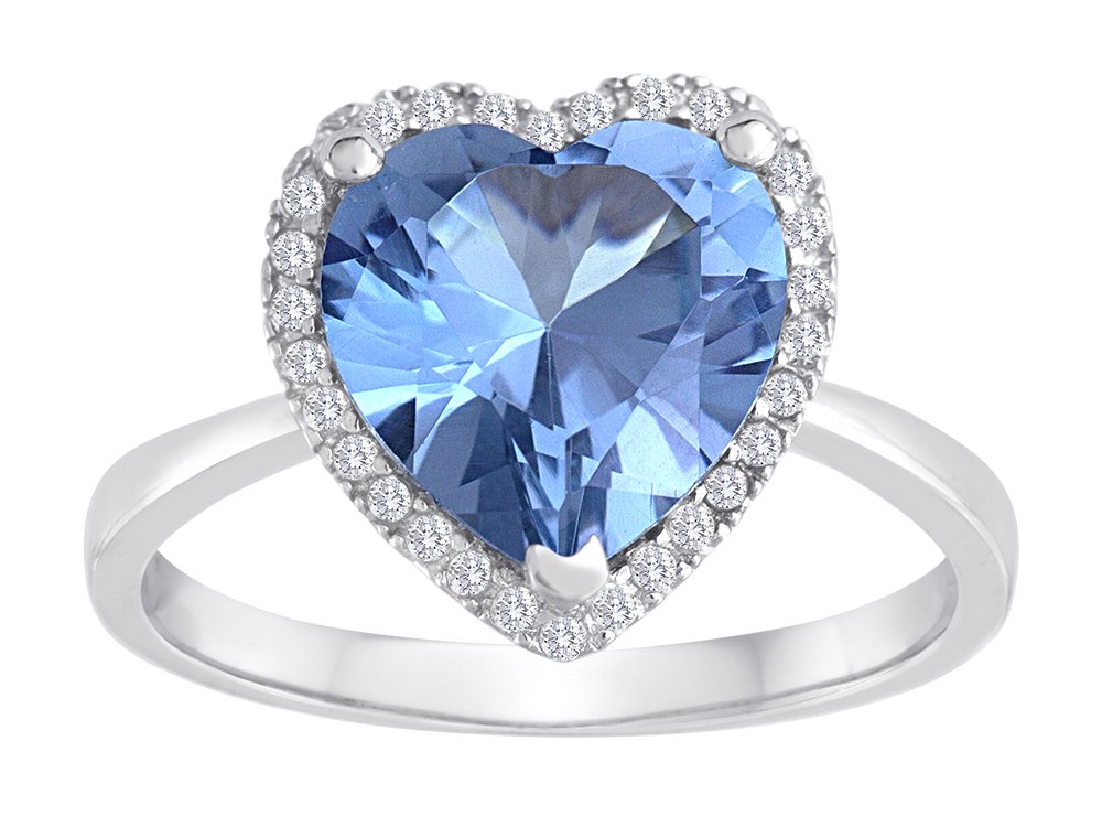 Star K Heart Shape Simulated Aquamarine Halo Ring Sterling Silver - Elegant Jewelry for Valentine's Day, Anniversary & Romantic Gifts