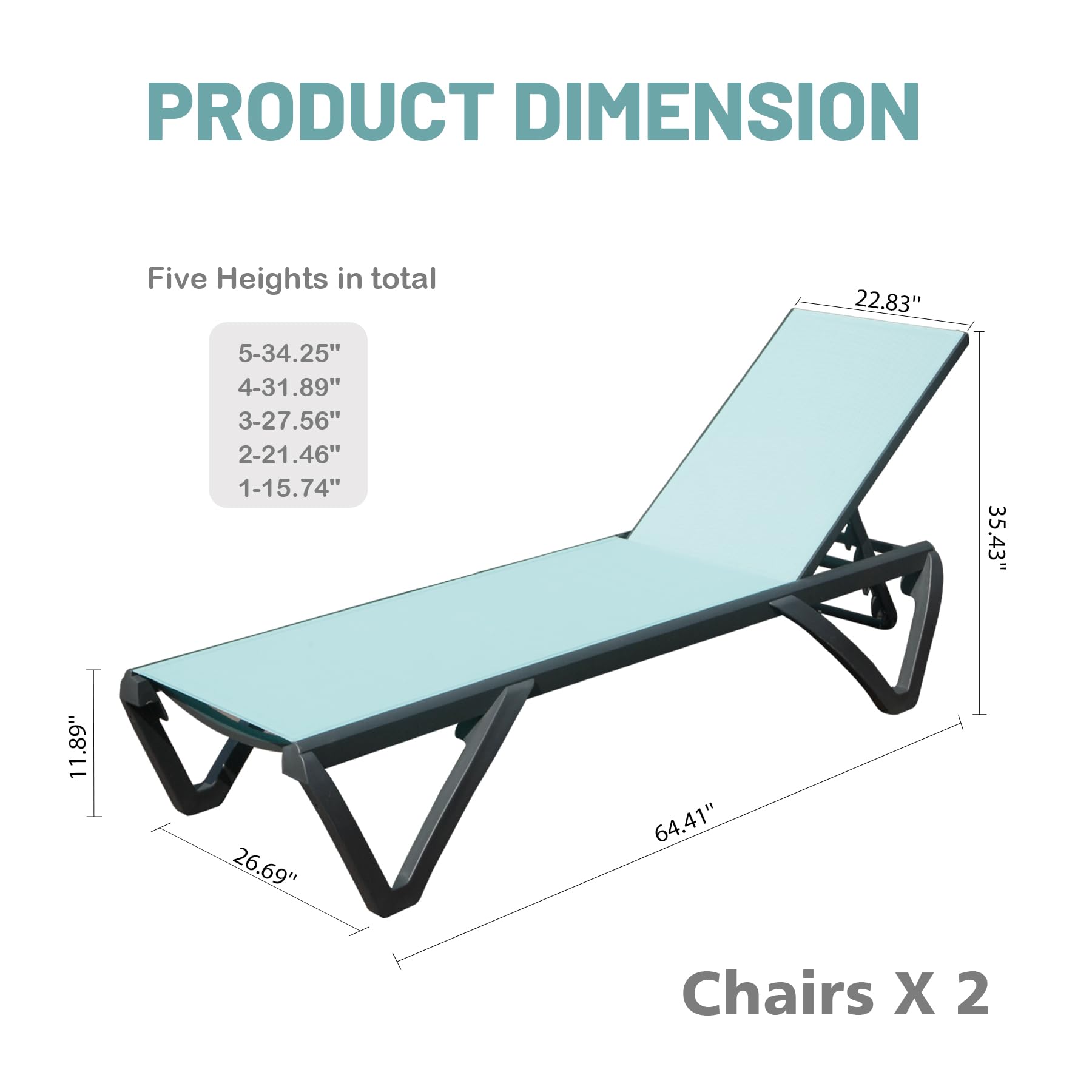 Domi Patio Lounge Chairs Set of 2 - Adjustable Aluminum Pool Chaise Lounges with Wheels for Outdoor Relaxation | Perfect for Poolside, Garden, Beach, Backyard & Patio in Turquoise Blue | Durable & Comfortable Outdoor Furniture for Sunbathing & Lounging