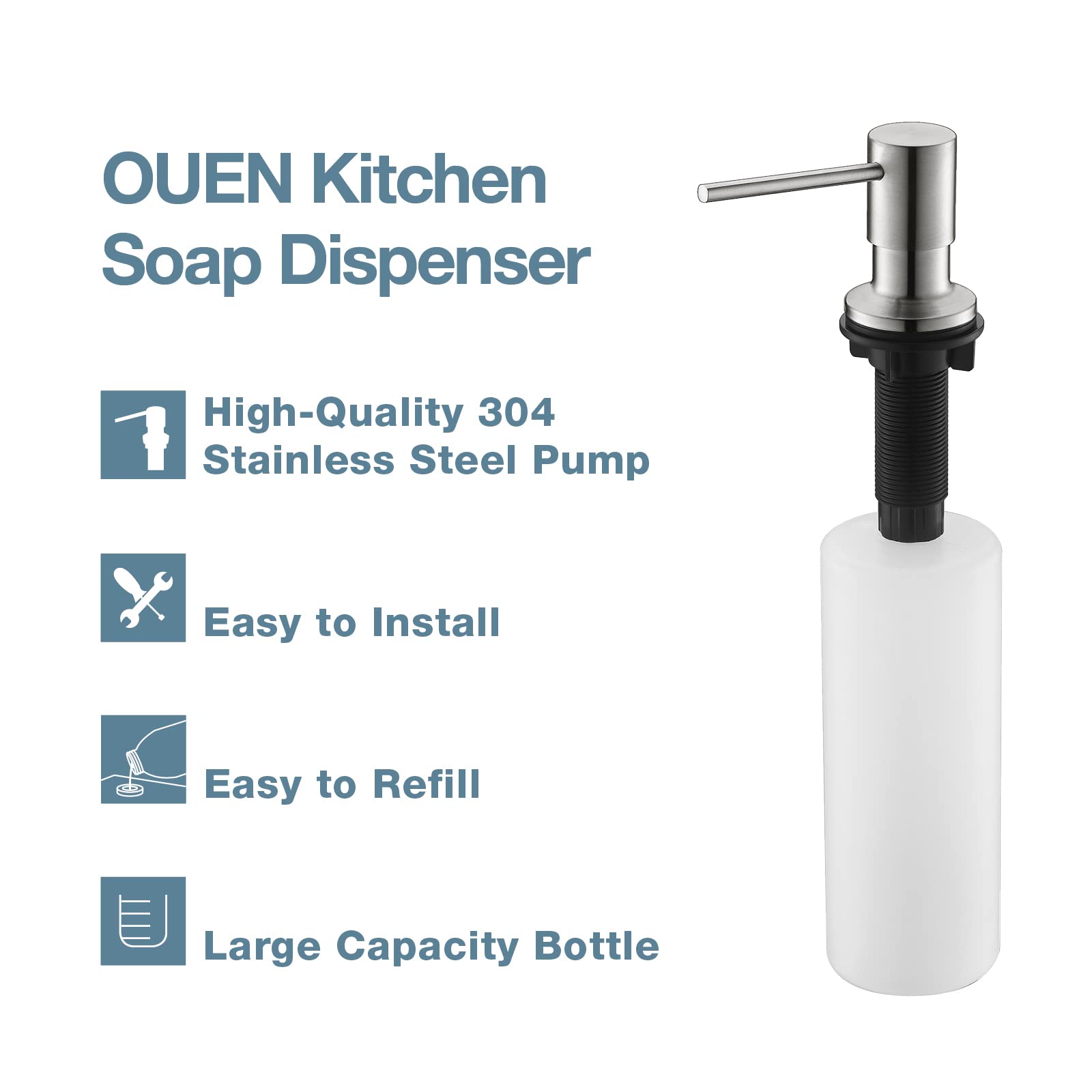 Brushed Nickel Soap Dispenser for Kitchen Sink - 17OZ Refillable Stainless Steel Built-in Pump for Liquid Soap or Lotion | Above Counter Design for Easy Refilling | Perfect for Modern Kitchens, Bathrooms & Restaurants