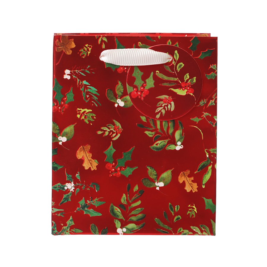GLICK Christmas Paper Gift Bags Small Size with Festive Foliage Design - Perfect for Holiday Gift Wrapping, Party Favors & Christmas Decorations