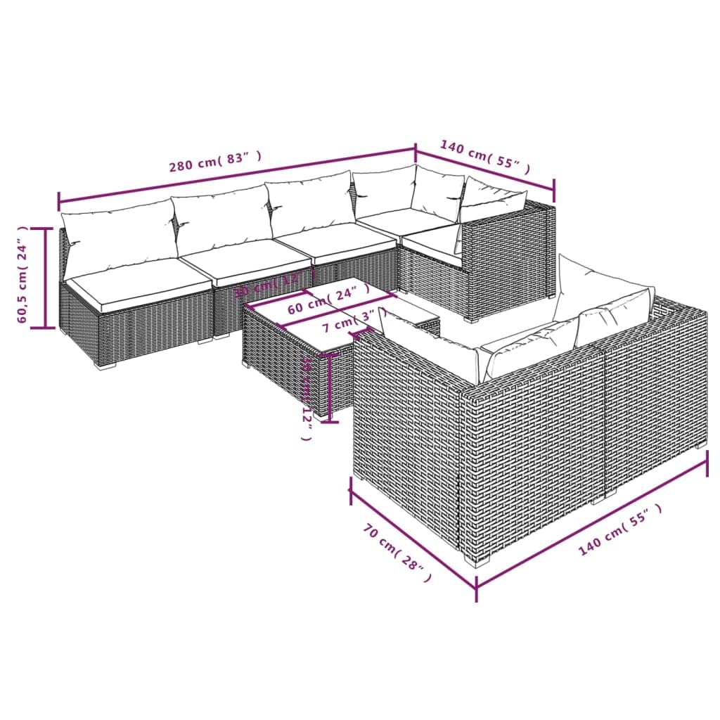 vidaXL 8-Piece Patio Lounge Set, Outdoor Garden Furniture with Cushions - Gray Poly Rattan Sectional Sofa for Backyard, Poolside & Terrace Relaxation