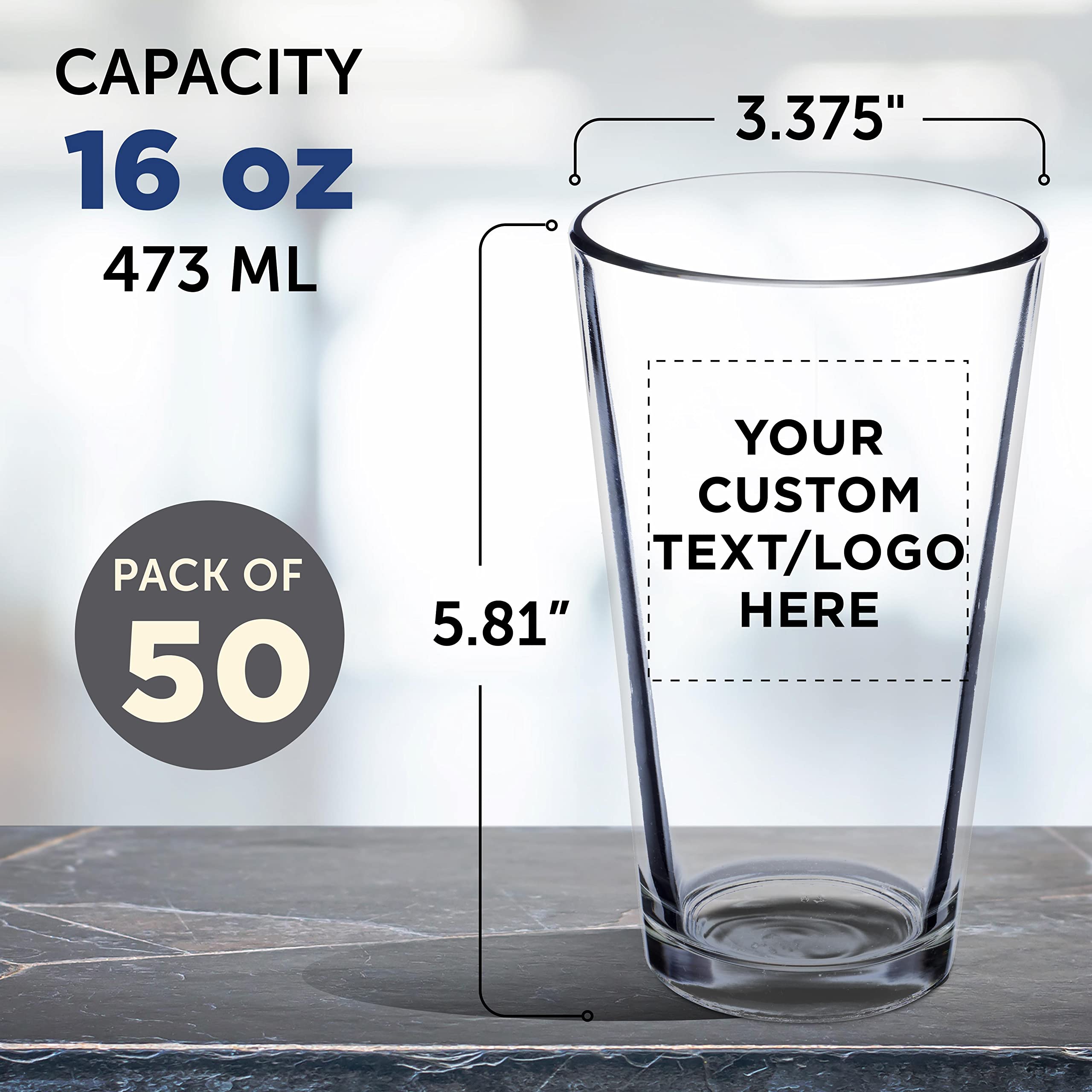 Custom 16 oz Beer Pint Glasses - Bulk Set of 50 Personalized Bar Glasses for Restaurants & Pubs - Heavy Duty Clear Glassware with Thick Base & Walls - Stackable Commercial Drinkware for Bars, Weddings & Events
