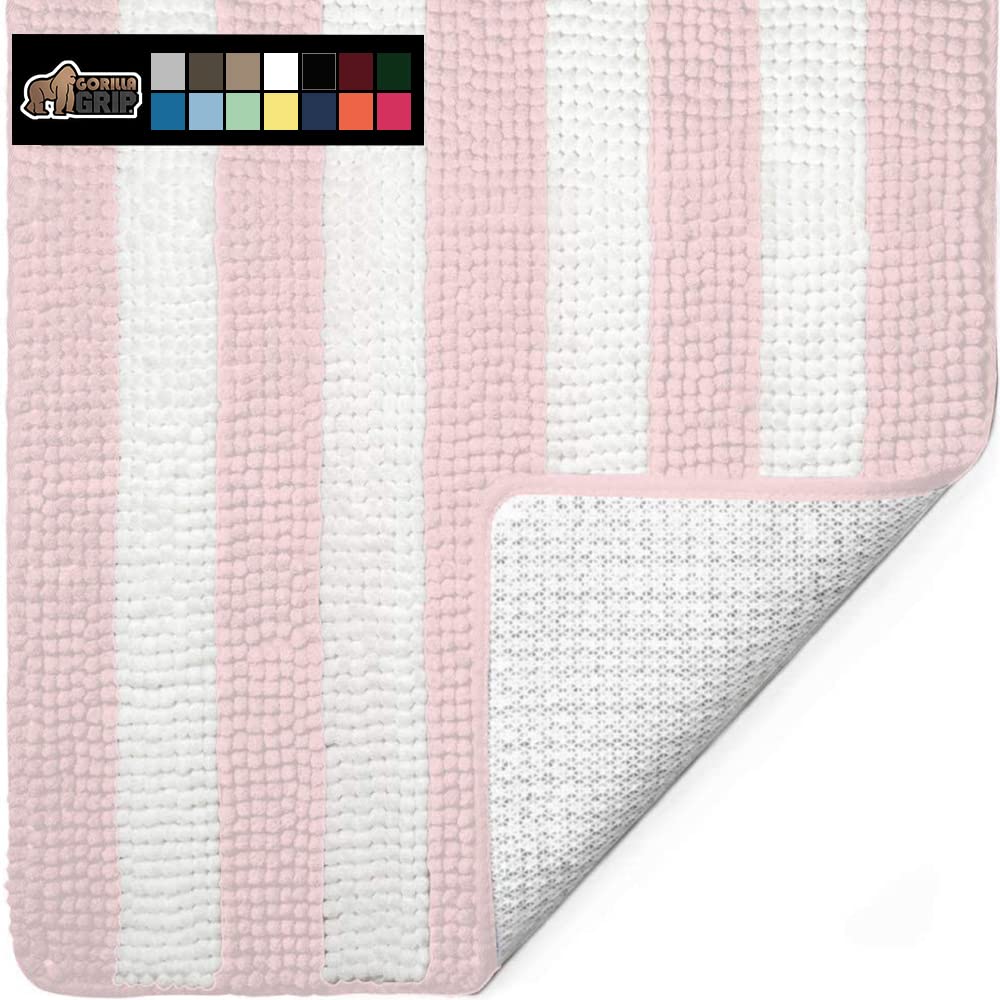Gorilla Grip Super Absorbent Chenille Bath Rug - 48x24 Inch Plush Shaggy Bath Mat with Non-Slip Rubber Backing, Quick-Dry Microfiber, Machine Washable - Soft Durable Shower Floor Mat for Bathroom Safety (White/Light Pink) - Perfect for Wet Floors, Bathtub & Shower Areas
