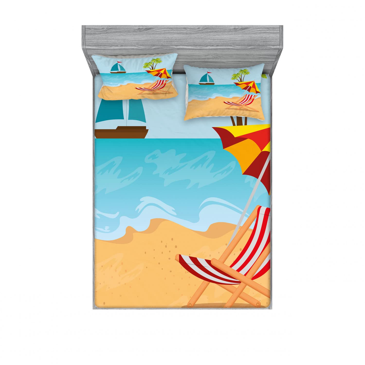 Ambesonne 2-Pack Beach Themed Fitted Sheet & Pillow Sham Set - Summer Vacation Decor, 4-Piece Bedding Set with 2 Twin XL Fitted Sheets & 4 Standard Pillow Cases - Vibrant Coastal Print for Guest Rooms, Vacation Homes & Beach House Decor
