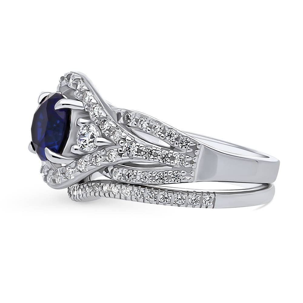 BERRICLE Sterling Silver 3-Stone Wedding & Engagement Ring Set - 1.25ct Simulated Blue Sapphire Round Cut Cubic Zirconia CZ Wishbone Ring for Women, Rhodium Plated (Size 4-10) - Perfect for Proposals, Anniversaries & Special Occasions