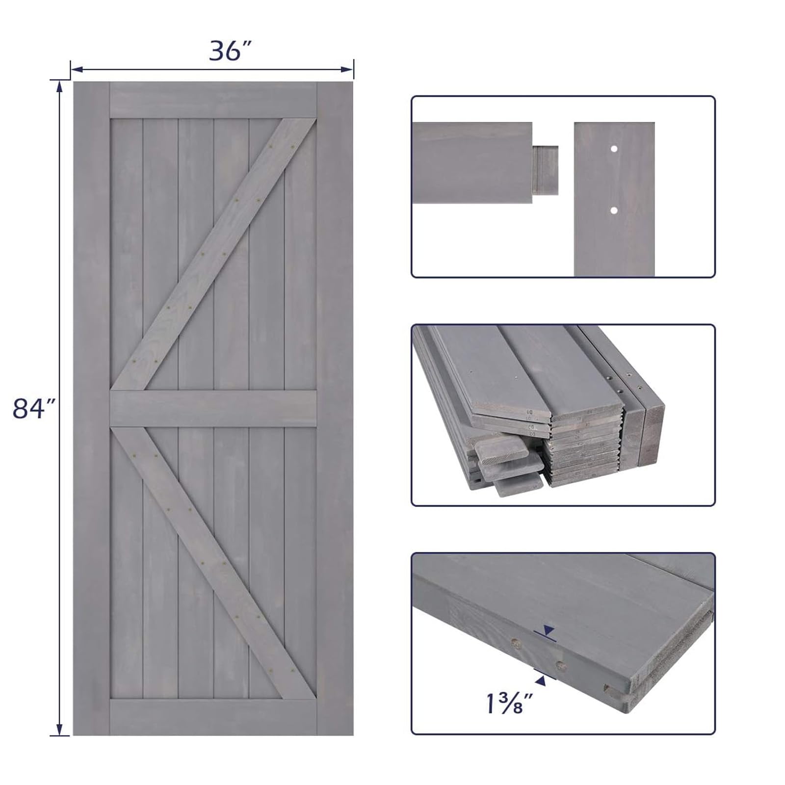 SMARTSTANDARD 36x84 Inch Sliding Barn Door Kit with 6.6ft Hardware & Handle - Unfinished Solid Spruce Wood Panel, Pre-Drilled K-Frame Design, Easy DIY Assembly (Grey) - Perfect for Bedroom, Closet, or Farmhouse Style Home Decor
