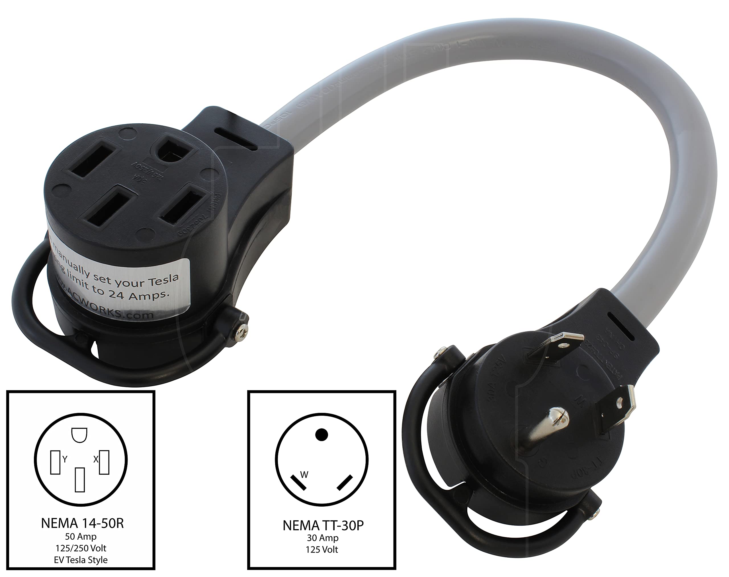 AC WORKS Tesla EV Charging Adapter - TT-30 RV 30A to Tesla Connector - Compatible with Model S, 3, X, Y - Perfect for RV Parks & Road Trips