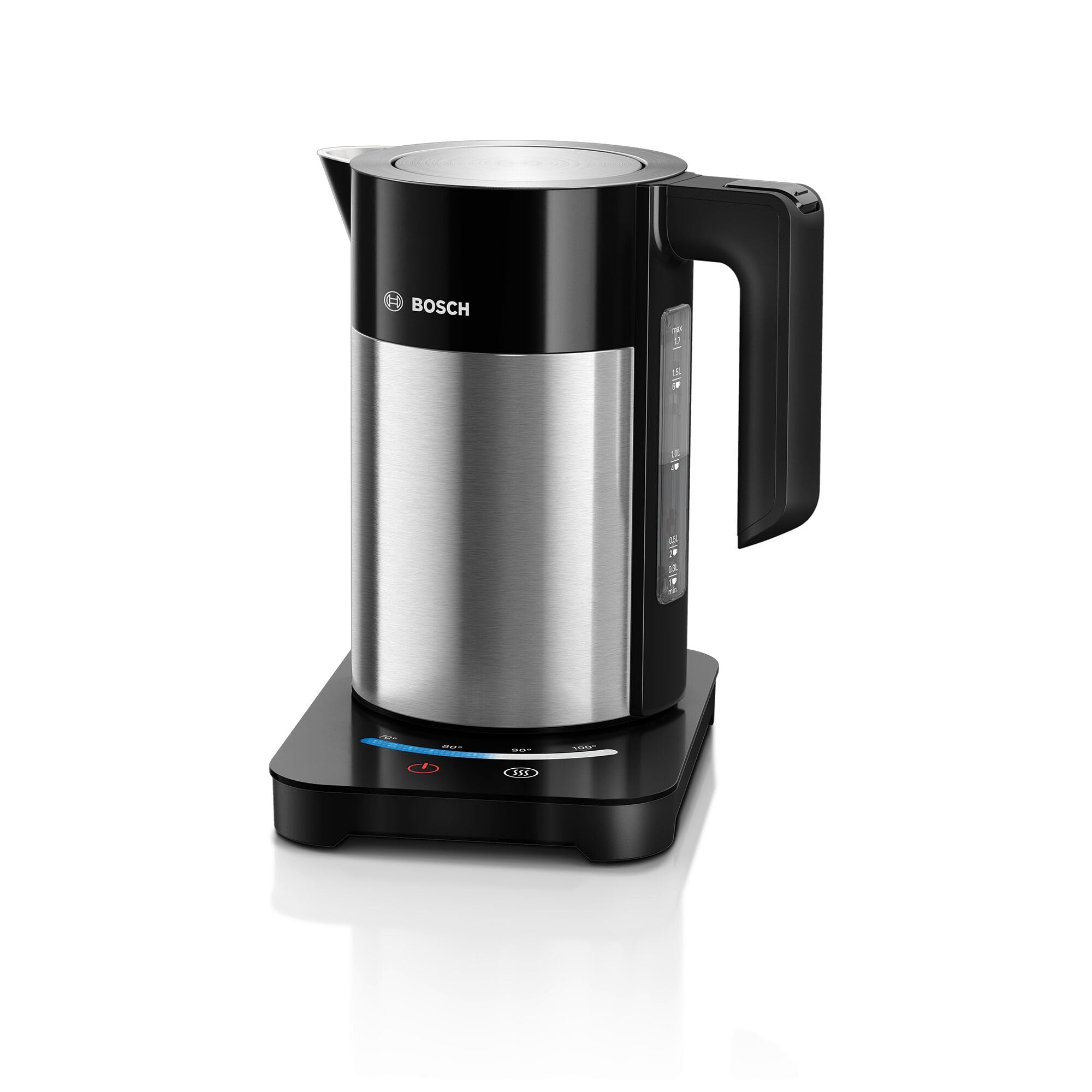 Bosch TWK7203 Electric Kettle - 2200W Fast Boiling, 7 Cups Capacity, Black/Stainless Steel with Touch Display - Perfect for Home, Office & Tea/Coffee Lovers