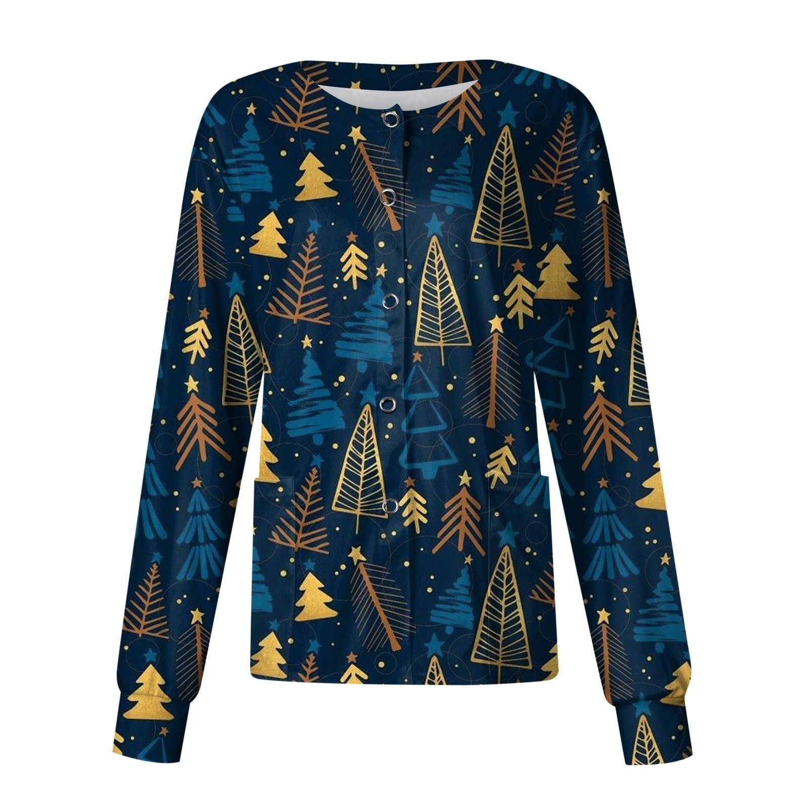 **Plus Size Christmas Scrub Jacket for Women - Holiday Crewneck Long Sleeve Workwear with Pocket - Perfect for Nurses, Doctors & Healthcare Professionals During Festive Season**
