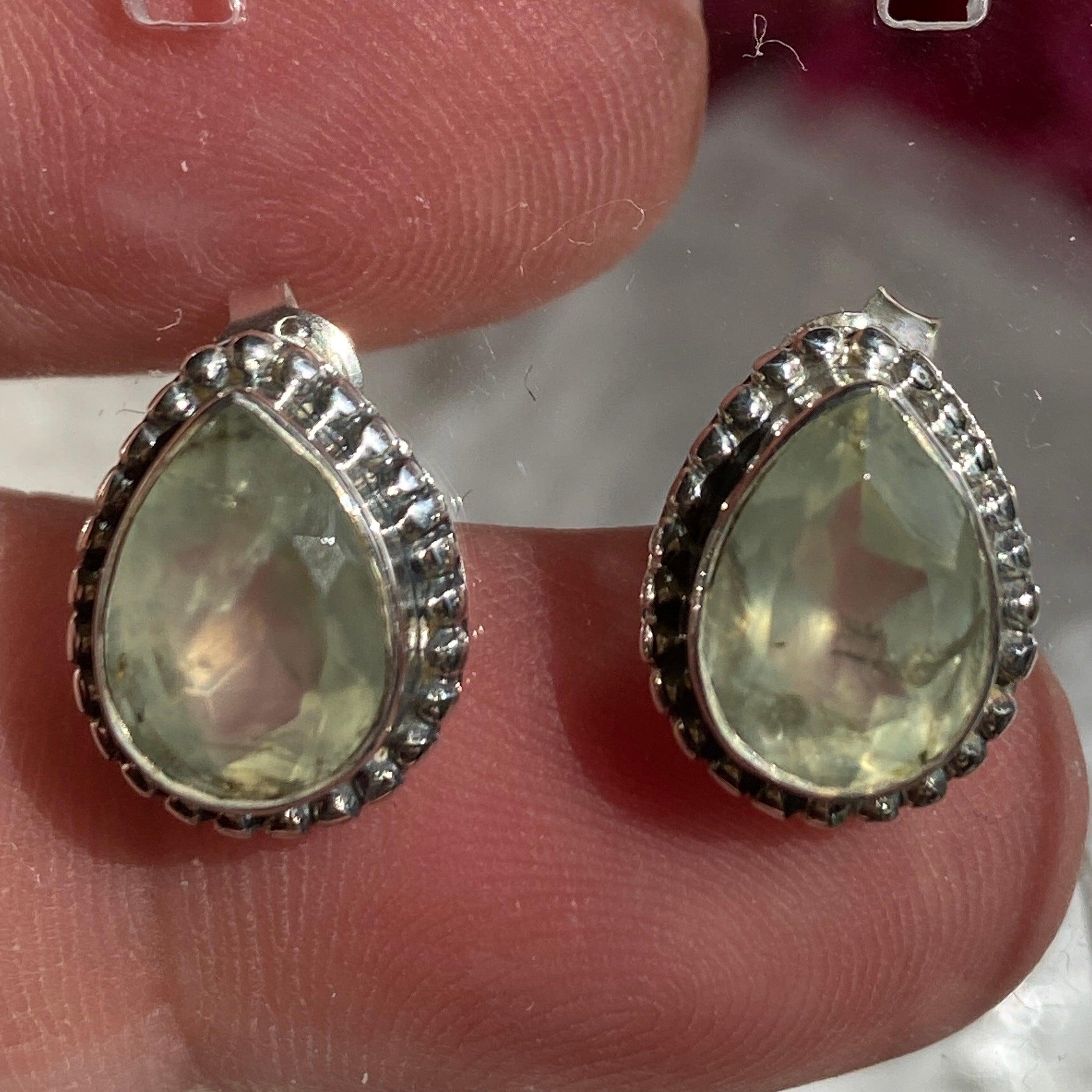 Prehnite Faceted Teardrop Stud Earrings - Handmade Gemstone Jewelry for Women - Perfect for Weddings, Parties & Everyday Wear