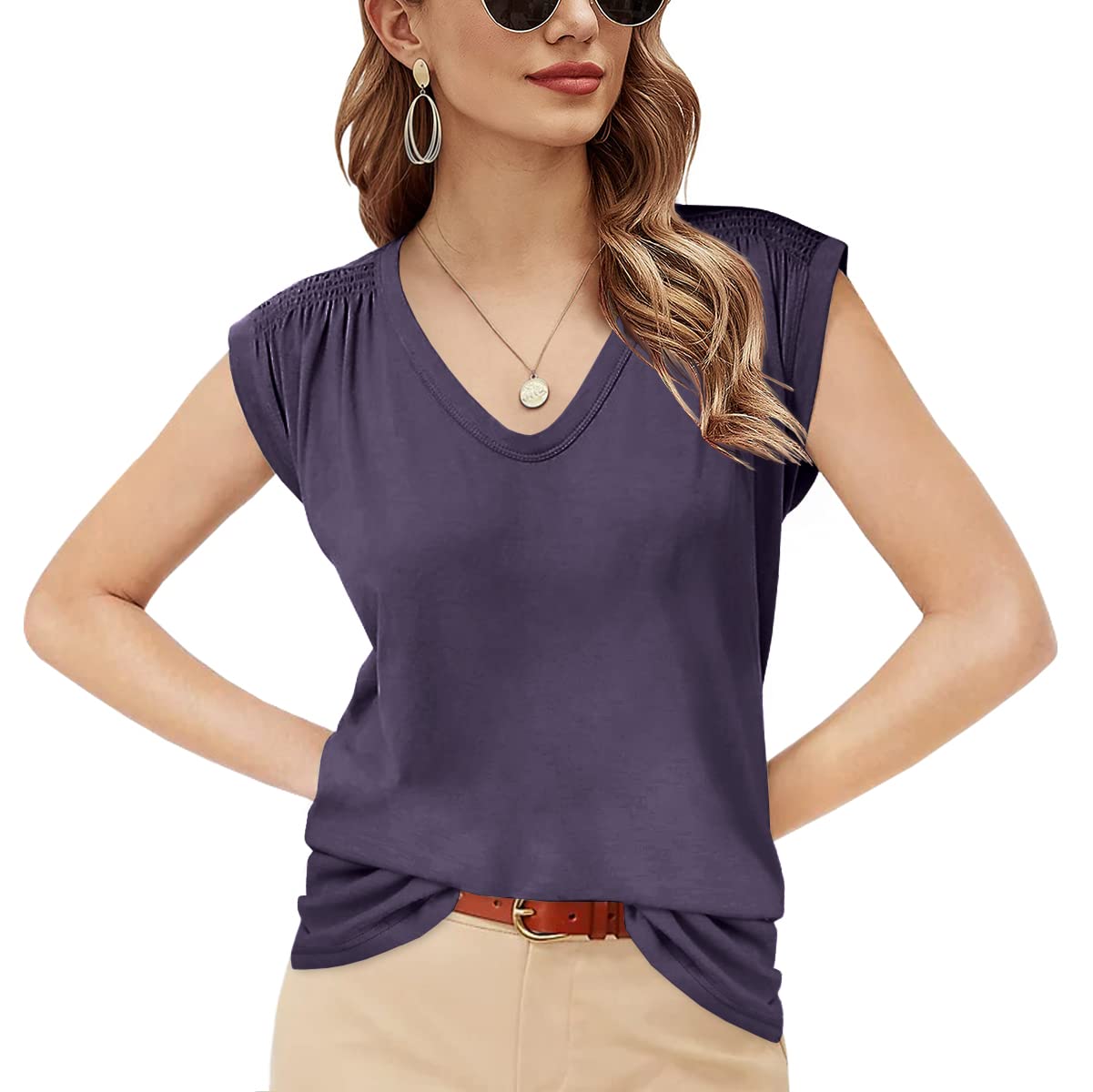 Juybenmu Women's Cap Sleeve Blouses - Casual Loose Fit Basic Summer T-Shirts & Tank Tops for Women | Breathable Comfort Tees for Everyday Wear, Work, and Outdoor Activities