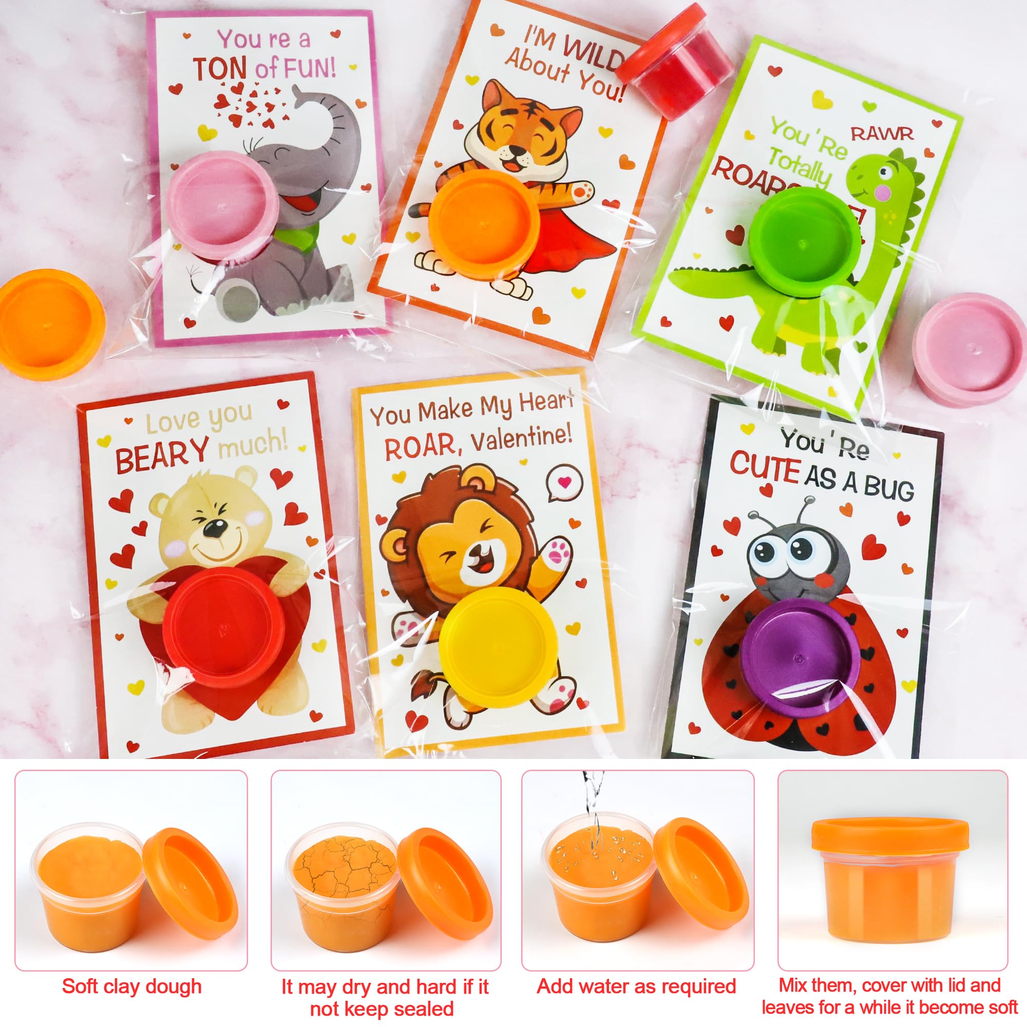 24 Pack Valentine's Day Cards for Kids with Play Dough - Classroom Exchange Cards, Party Favors & Goodie Bag Fillers - Perfect for School Valentine's Day Parties & Gift Exchanges