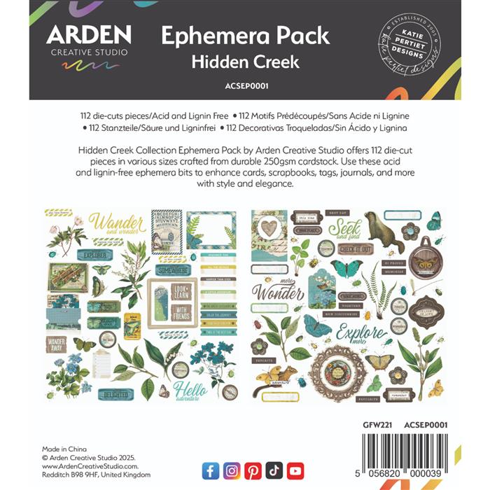 Arden Creative Studio Hidden Creek Ephemera Pack - Scrapbooking Supplies, Junk Journal Kit, Paper Crafting Materials for DIY Projects, Card Making, Memory Keeping & Mixed Media Art
