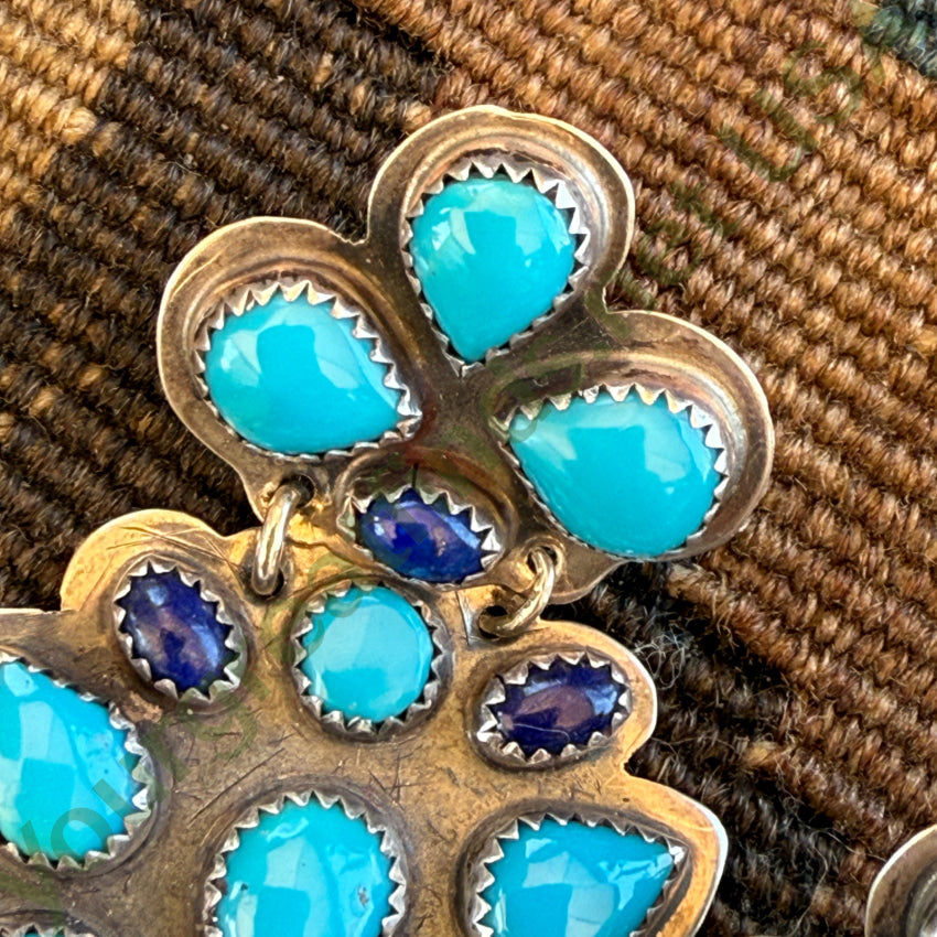 Authentic Navajo Sterling Silver Turquoise Lapis Cluster Dangle Earrings – Handmade Native American Jewelry for Women, Perfect for Boho Fashion, Weddings & Special Occasions