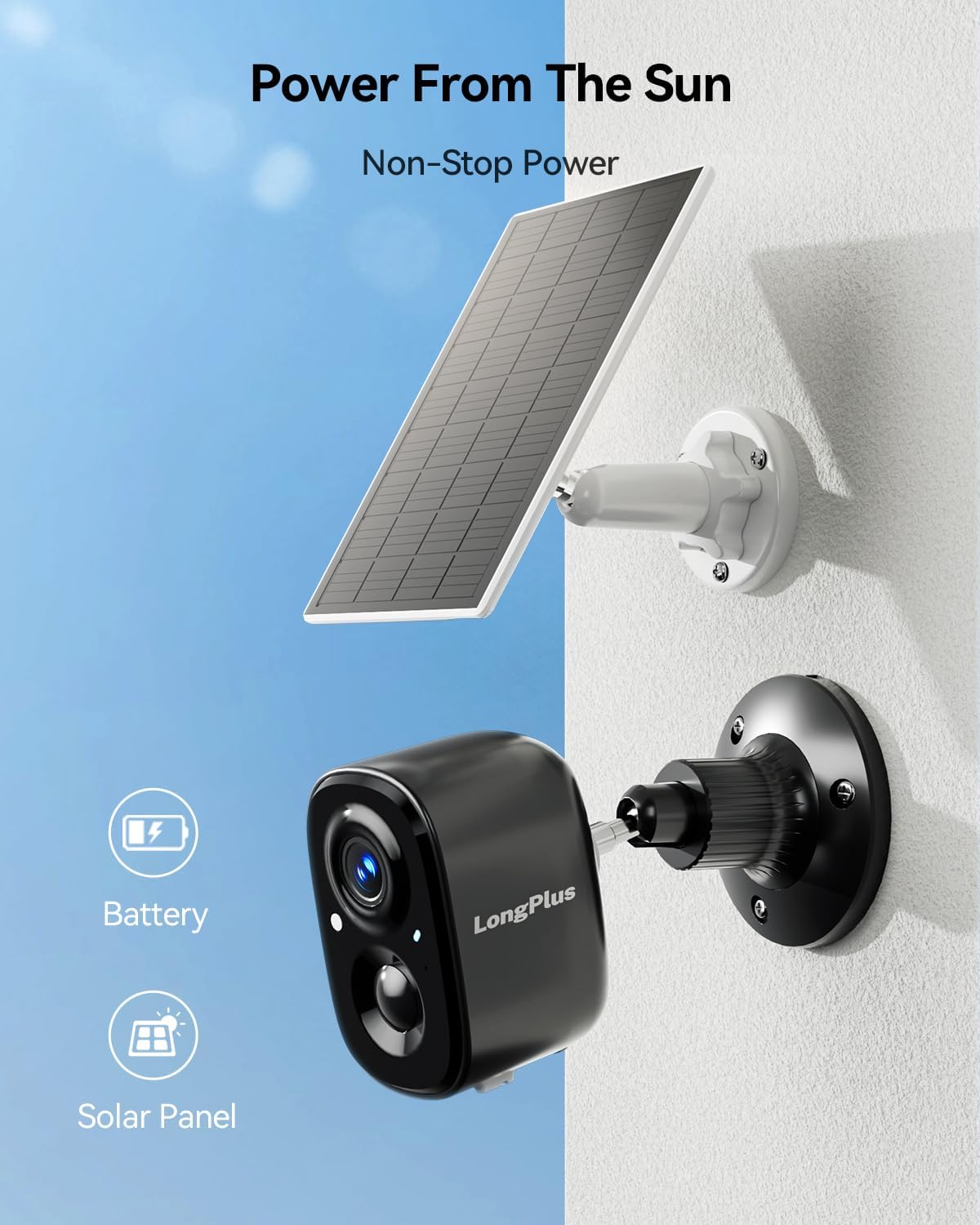 LongPlus Wireless Outdoor Security Camera with Solar Power, 1080P HD Color Night Vision, PIR Human Detection, Spotlight & 2-Way Audio - Ideal for Home Surveillance, Backyard Monitoring, and Property Protection (Black)