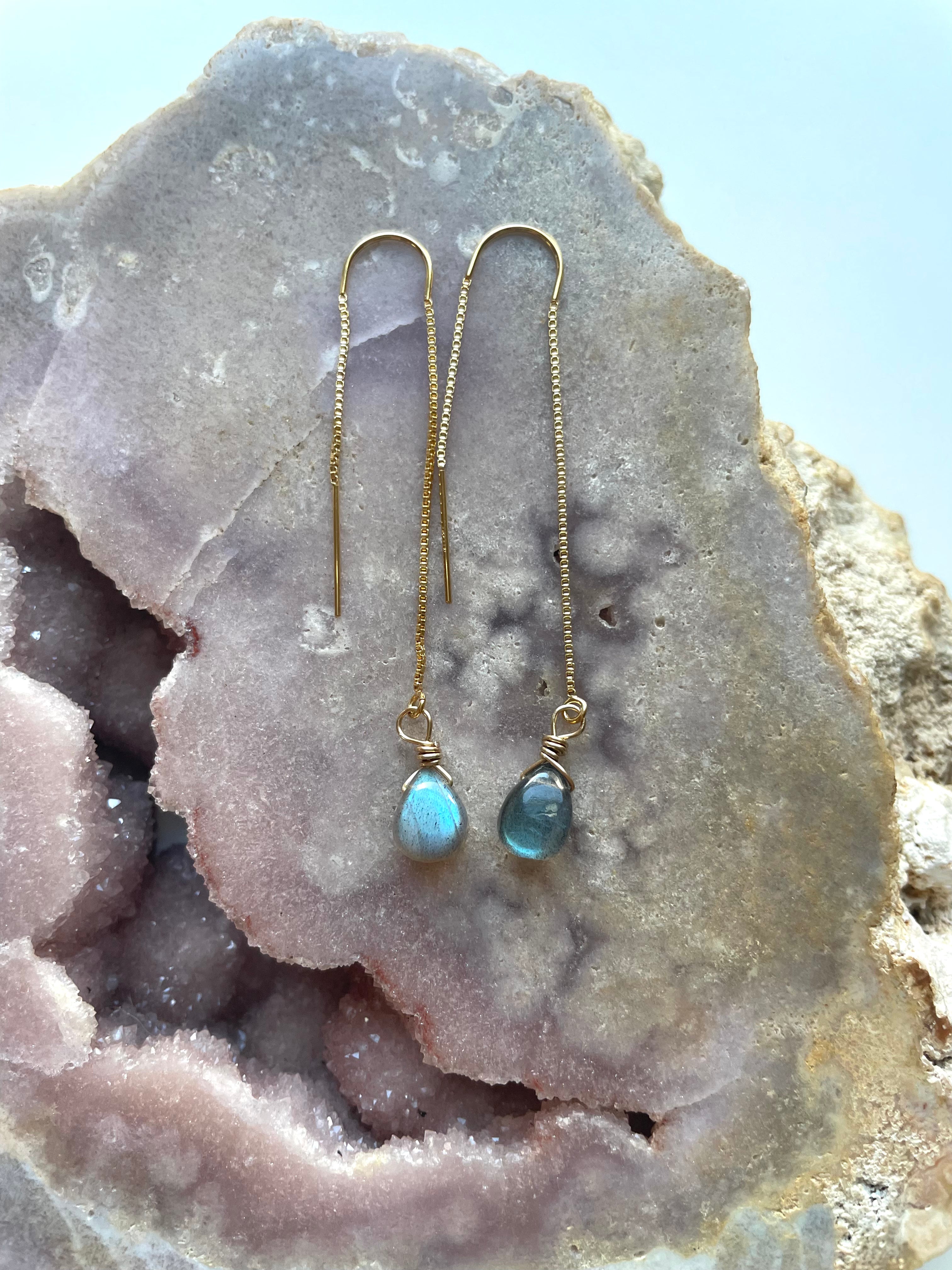 Tiny Labradorite Drop Threader Earrings - Dainty Gemstone Studs for Women | Perfect for Everyday Wear, Gifts & Boho Jewelry