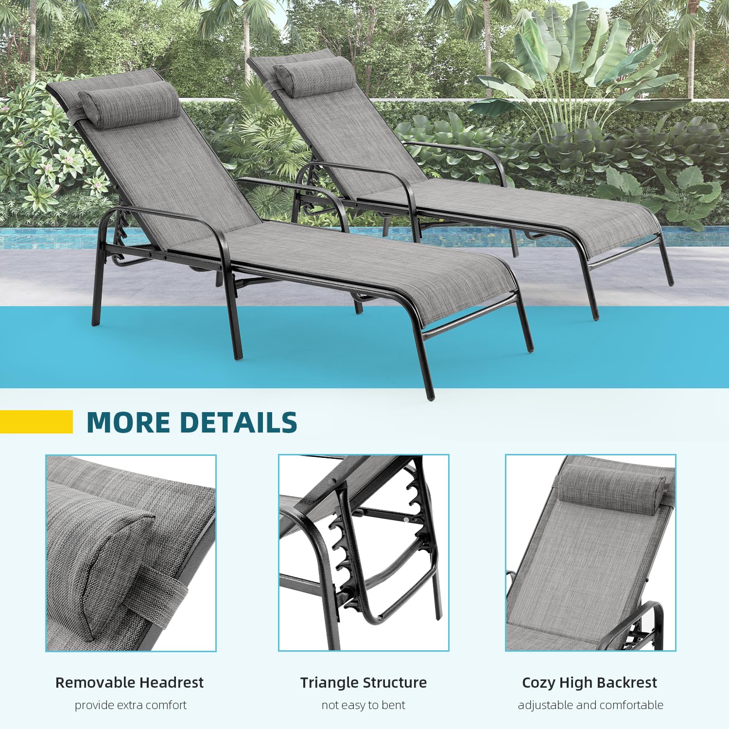 EROMMY Patio Chaise Lounge Set of 2 - Grey Outdoor Lounge Chairs for Poolside, Garden & Backyard Relaxation | Weather-Resistant Patio Furniture