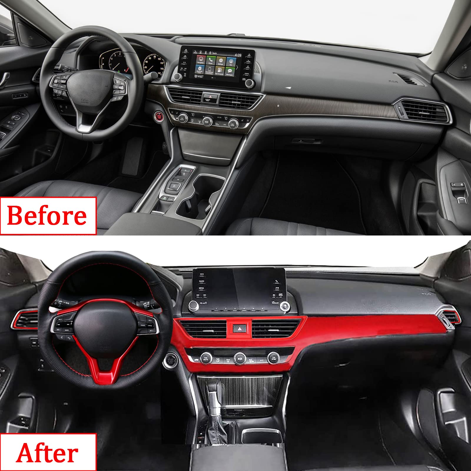 Premium ABS Car Interior Trim Kit - 10Pcs Dashboard Panel, Center Console & Air Vent Covers for 2018-2022 Honda Accord 10th Gen (EX, EX-L, LX) - Red | Interior Upgrade & Protection Accessories for Sedan Cars