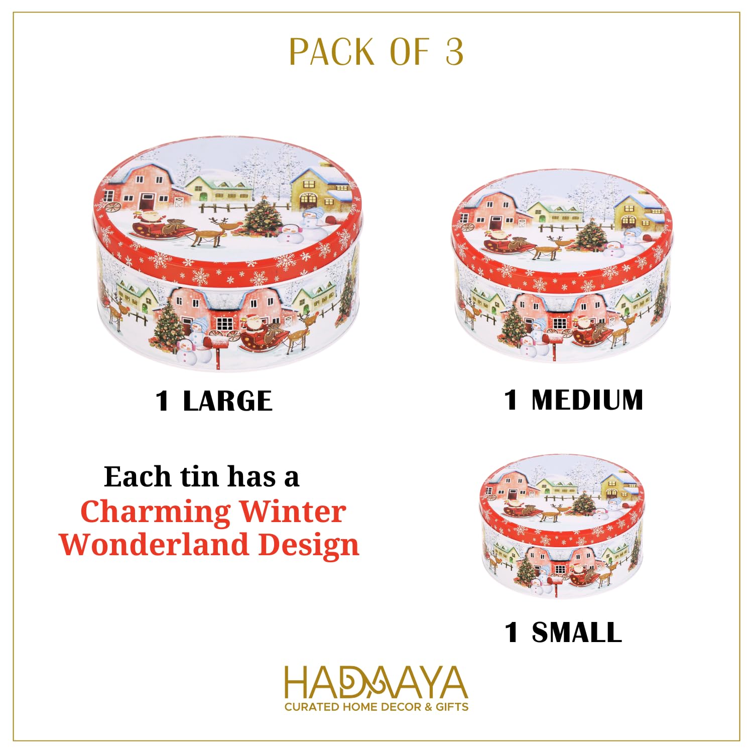3-Piece Christmas Cookie Tins Set with Lids - Holiday Storage Containers for Cookies, Snacks & Gifts - Festive Christmas Wonderland Design - Perfect for Holiday Baking, Party Treats & Gift Giving