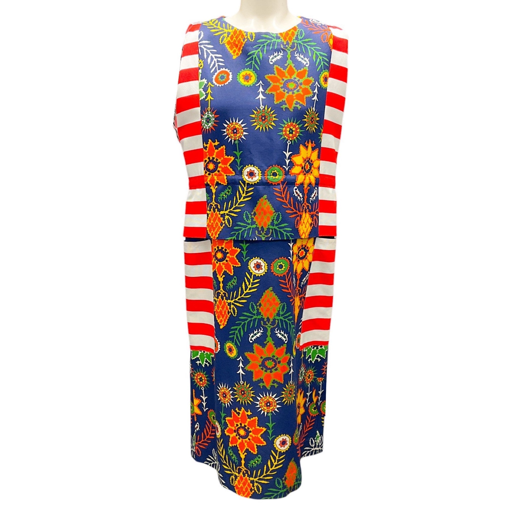 Rianna & Nina Floral Print Midi Dress - Red & Blue Striped Pattern for Casual Outings, Summer Parties & Beach Vacations