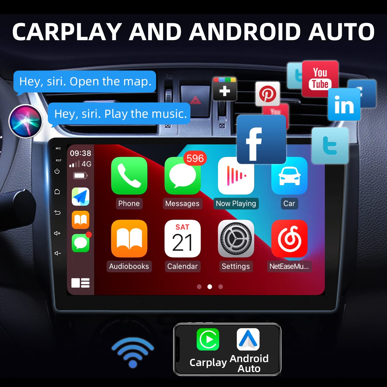 10.1 Inch Android Double Din Car Stereo with Bluetooth, Touch Screen, WiFi, Mirror Link, HiFi Sound, Backup Camera, GPS, FM Radio, 2GB RAM + 32GB ROM - Supports Apple CarPlay & Android Auto for Seamless Connectivity - Perfect for Road Trips, Commuting & Hands-Free Driving
