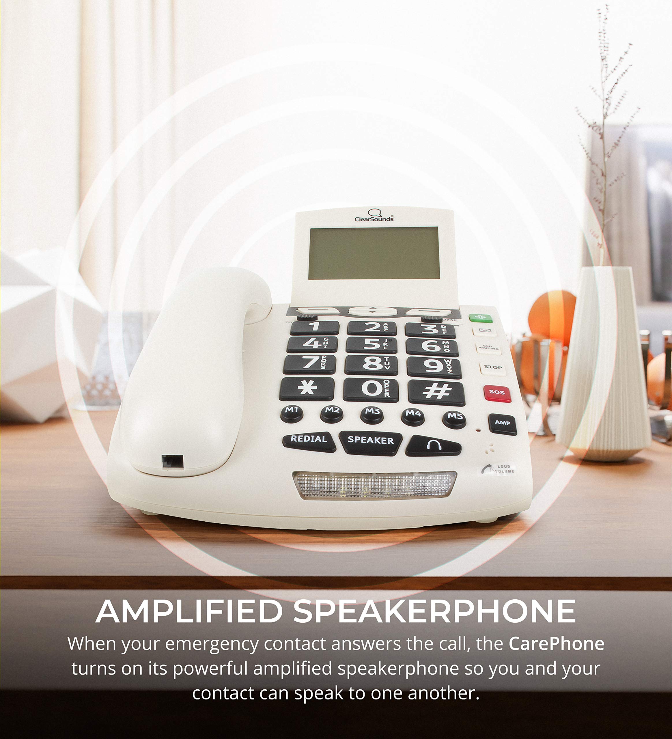 Amplified Corded Phone with Wireless SOS Alarm Pendant & Remote Audio Monitoring - Single-Line Operation, AC Powered - Ideal for Elderly Care & Home Security