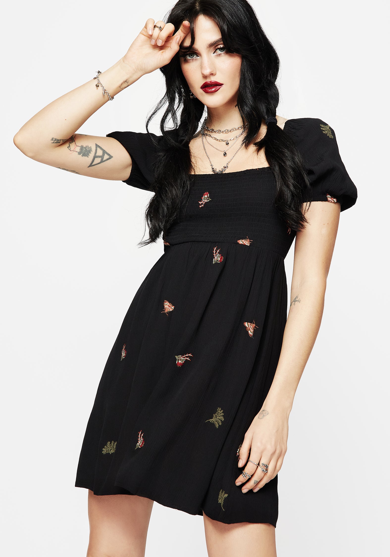 Stylish Moth Embroidered Puff Sleeve Mini Dress for Women - Vintage Boho Summer Dress for Parties, Dates & Special Occasions