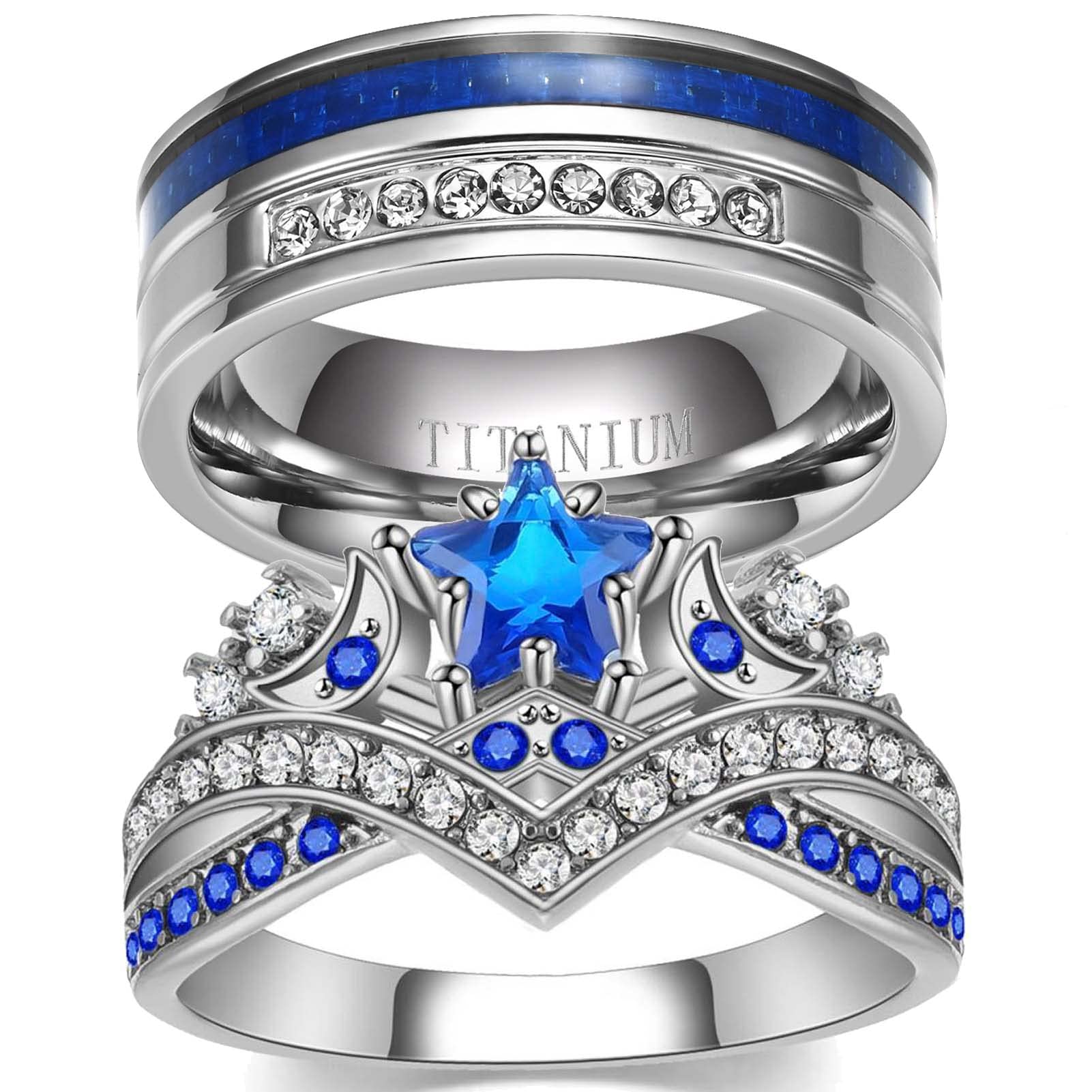 Matching Couple Rings for Him and Her - Blue CZ Star & Moon Wedding Band Set for Women & Men - Perfect for Anniversaries, Engagements, and Romantic Gifts