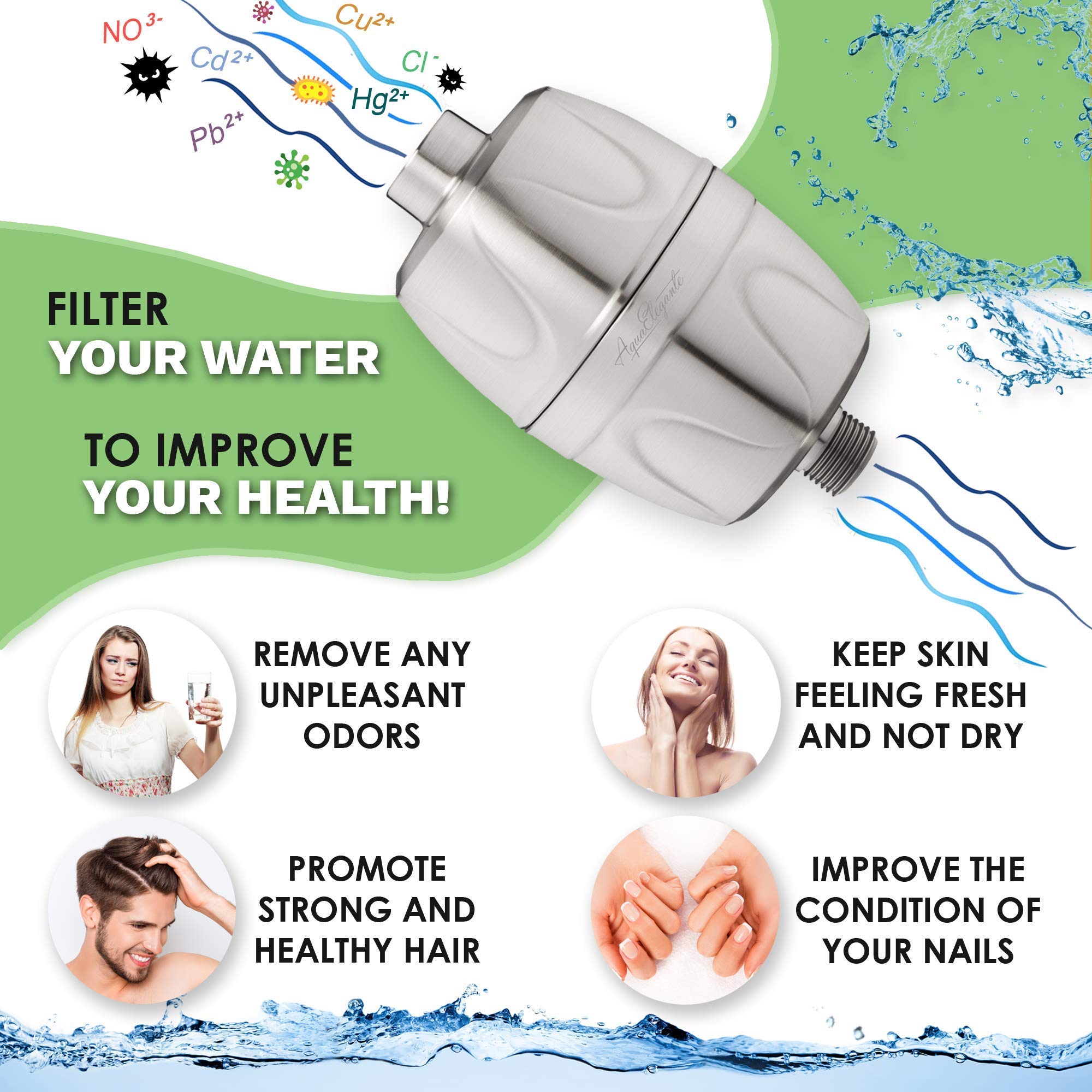 6 Function High Pressure Handheld Shower Head with Filter - Removable Showerhead with Adjustable Mount & 5ft Stainless Steel Hose - Chlorine Removal Water Filter (2.5 GPM, Brushed Nickel) - Perfect for Bathroom, Spa, and Pet Washing