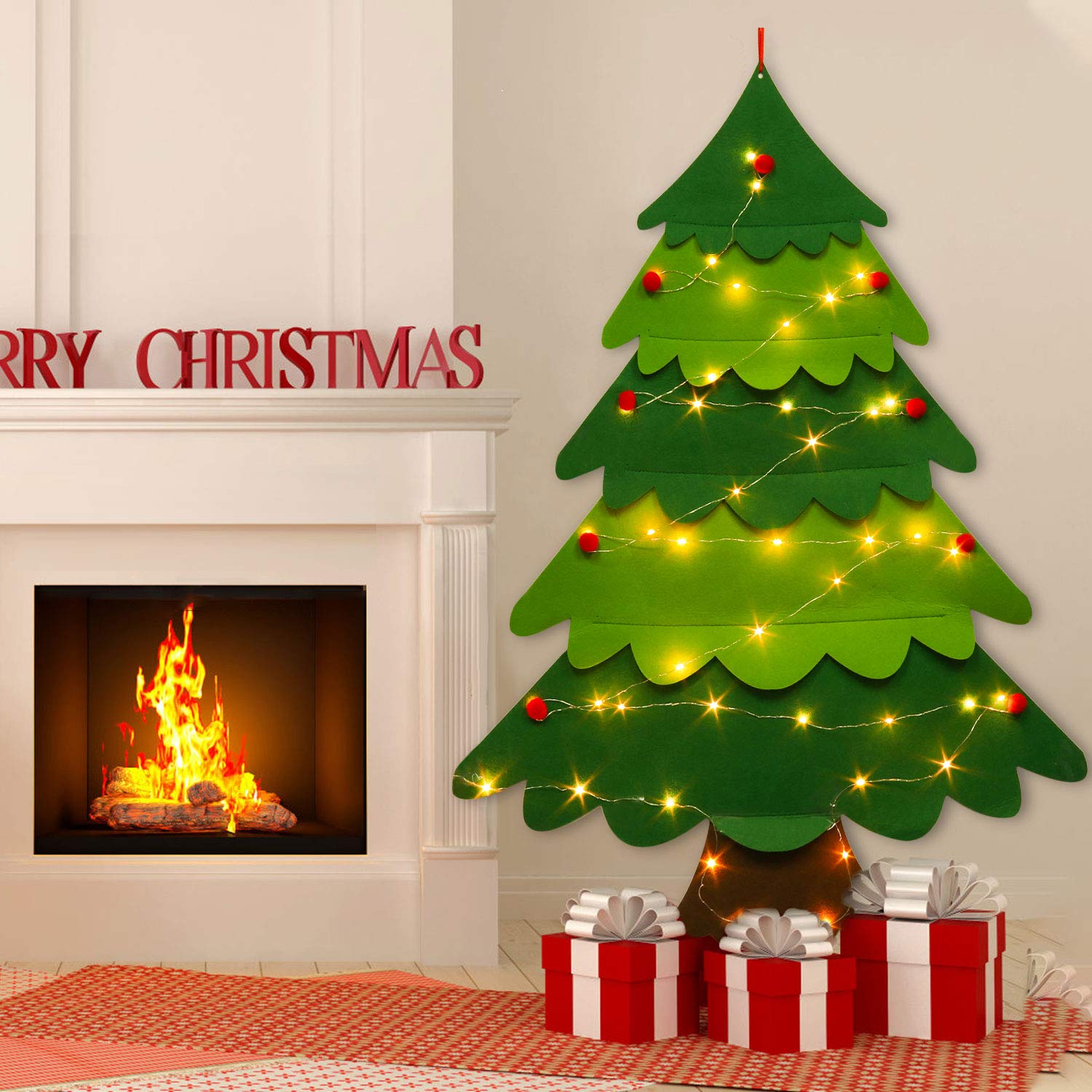 3.2ft DIY Wall Mount Christmas Tree with 32 Ornaments & 50 LED Lights - Holiday Home Decor for Living Room, Bedroom, Office & Party Decoration