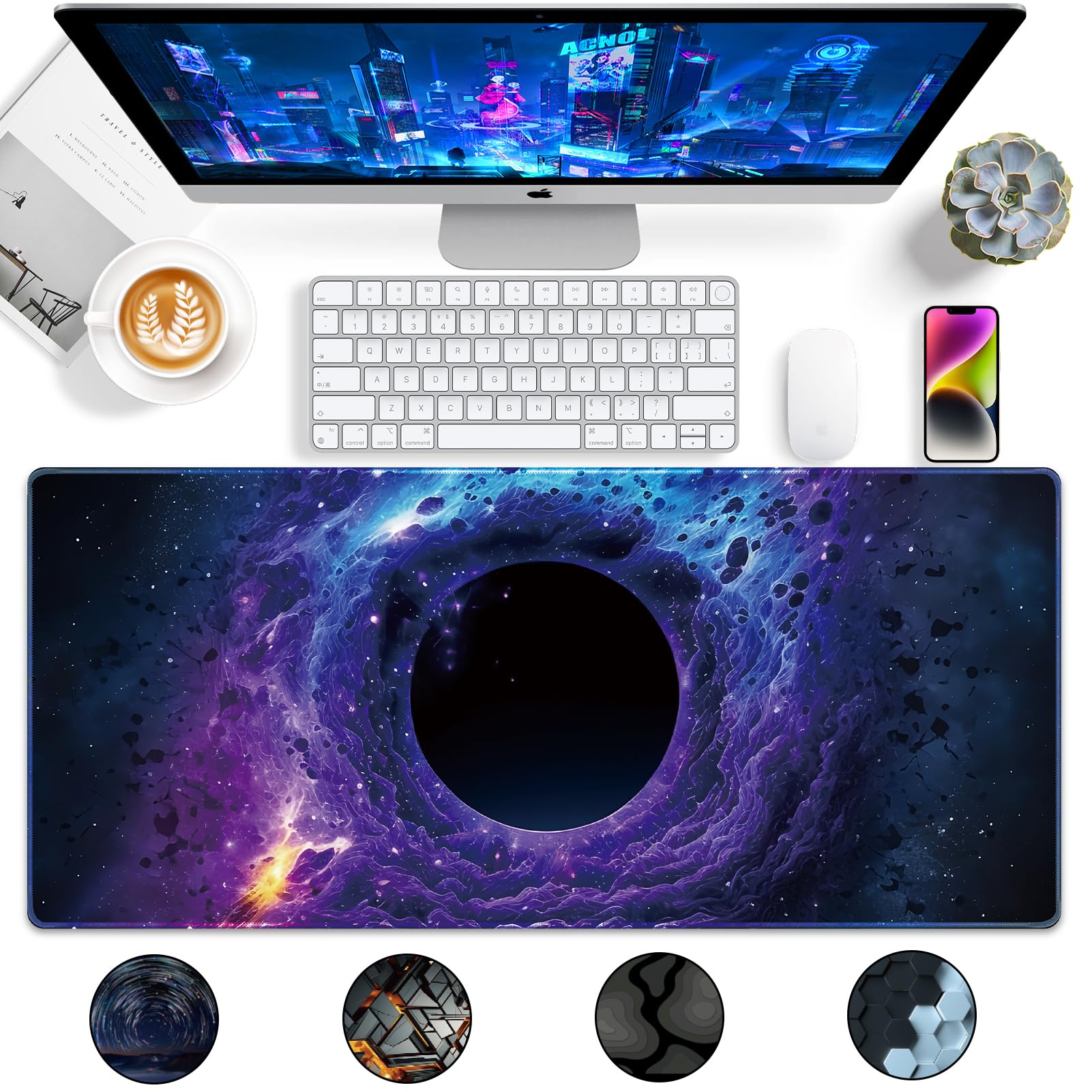 Ultra Large Gaming Mouse Pad - 35.4 x 15.7 Inch XXXL Desk Mat with Non-Slip Rubber Base, Thick Ergonomic Mousepad for PC, Laptop, Office & Home Workspace - Nebula Black Hole Design - Perfect for Gamers, Programmers & Professionals