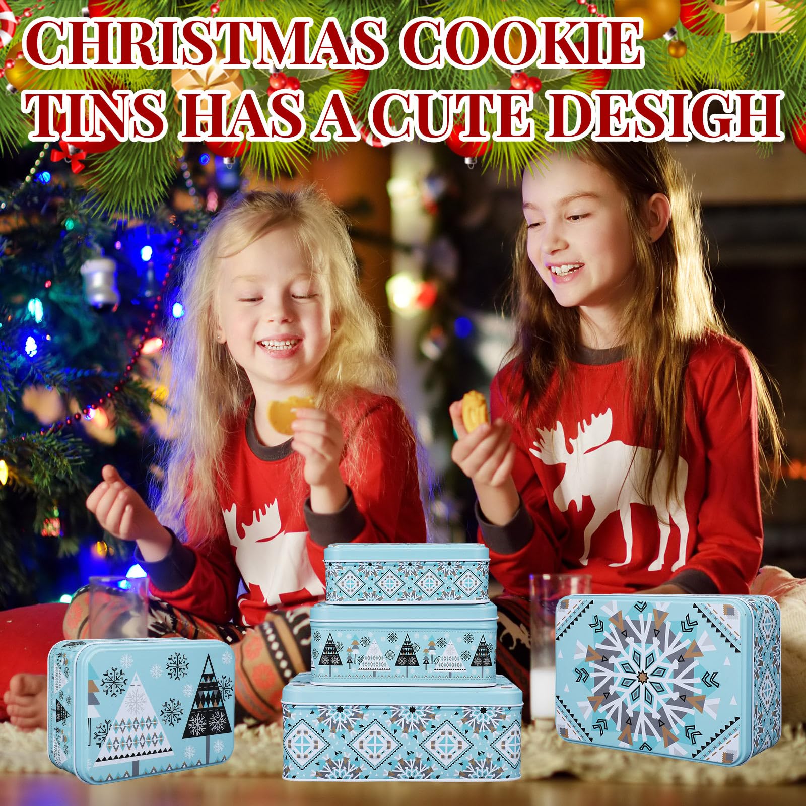 6-Piece Christmas Cookie Tin Set with Lids - Large, Medium & Small Metal Cookie Containers for Holiday Gifts, Baking Storage & Party Treats | Festive Retro Rectangle Design for Christmas Cookies, Candies & Homemade Treats (Perfect for Holiday Gifting, Cookie Exchanges & Festive Dessert Displays)