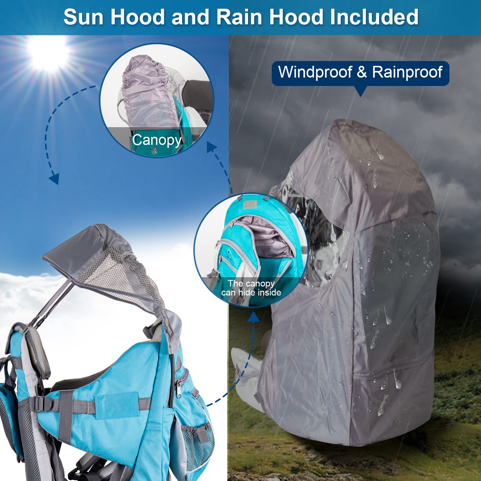 Baby Backpack Carrier - Adjustable Padded Toddler Hiking Backpack with Rain Cover & Sun Shade, Large Storage & Insulated Pockets for Safe Outdoor Adventures - Perfect for Hiking, Camping, and Family Travel